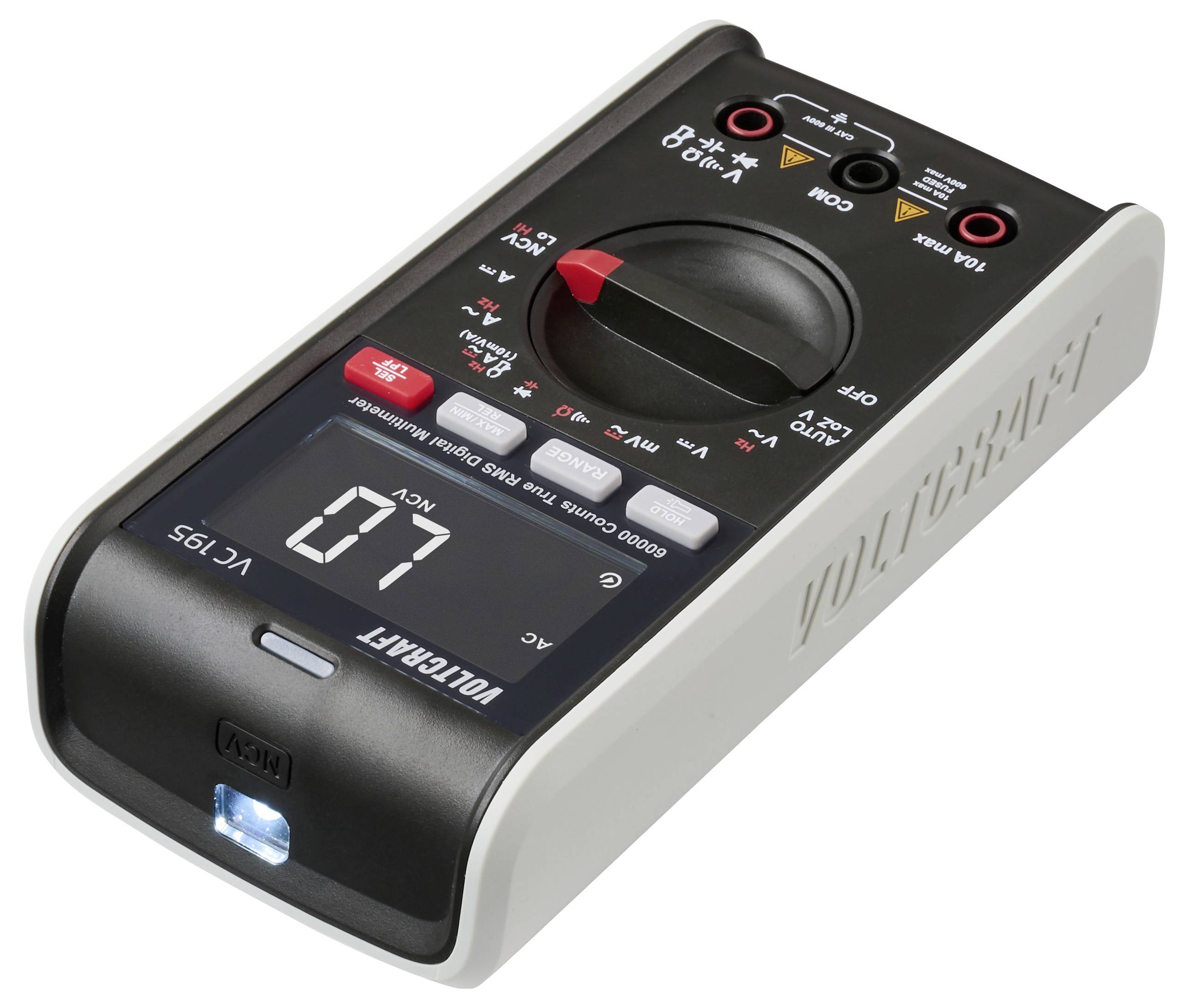 Ein digitales Multimeter, das '07' anzeigt, mit Tasten, die verschiedene elektrische Messungen beschriften, wird zum Testen und Fehlersuchen von Schaltkreisen verwendet.