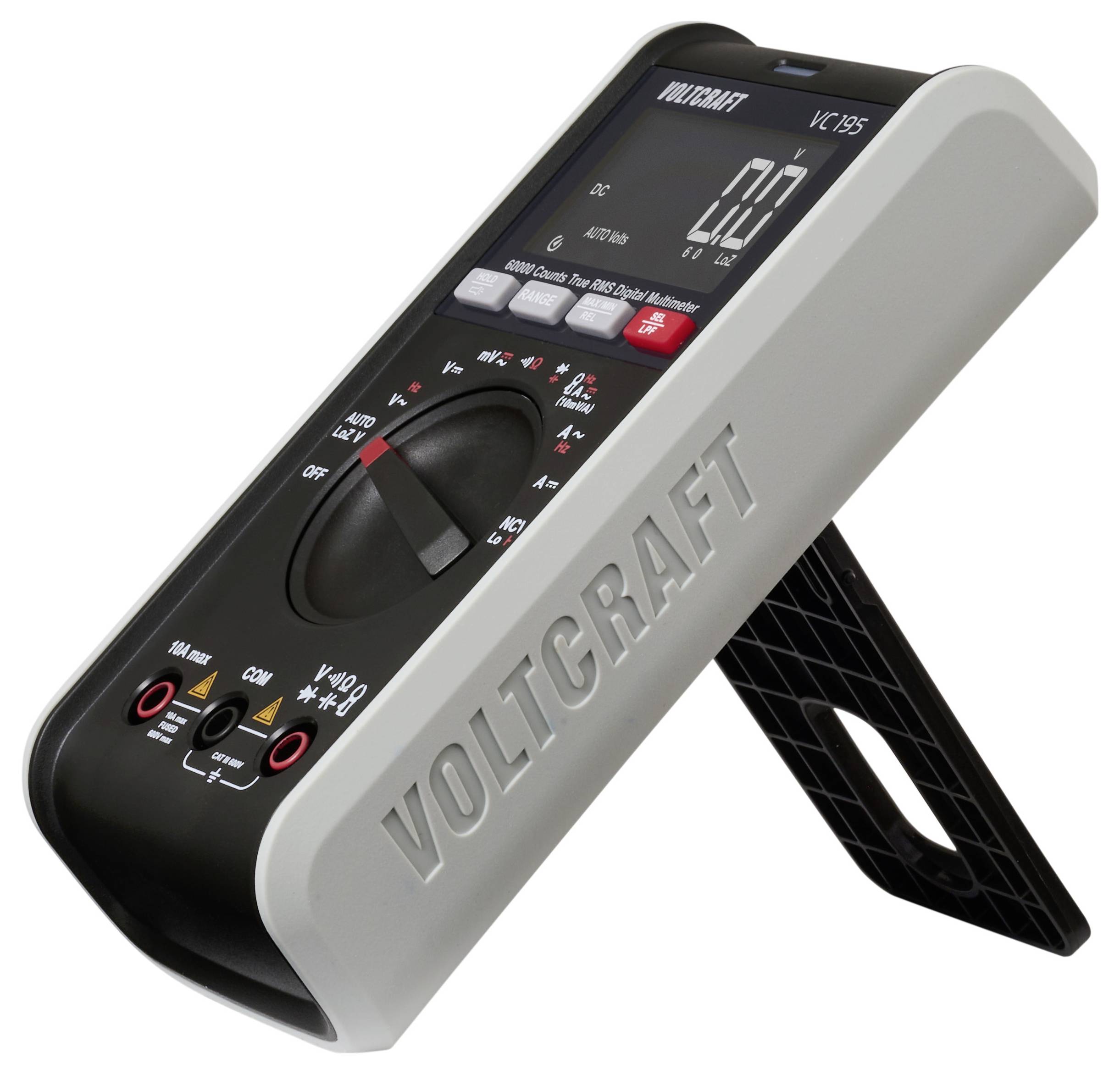 Digitales Multimeter 'Voltcraft VC 105', das auf einem aufklappbaren Ständer steht und '0.0' auf dem Display zeigt, mit Tasten und Drehschalter für Einstellungen.