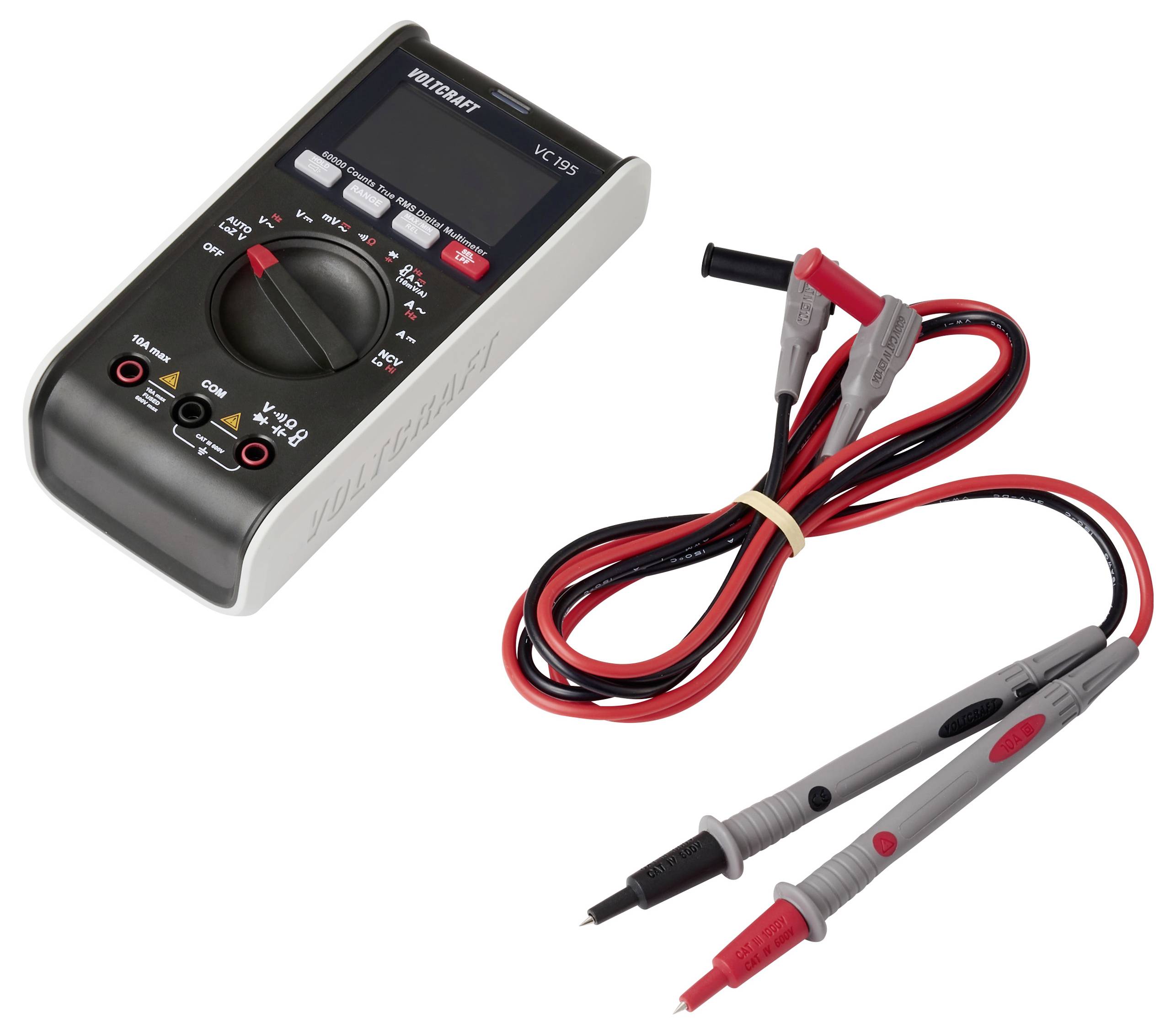 Ein digitales Multimeter mit Display und Drehschalter, ausgestattet mit roten und schwarzen Messleitungen zur Messung elektrischer Eigenschaften.