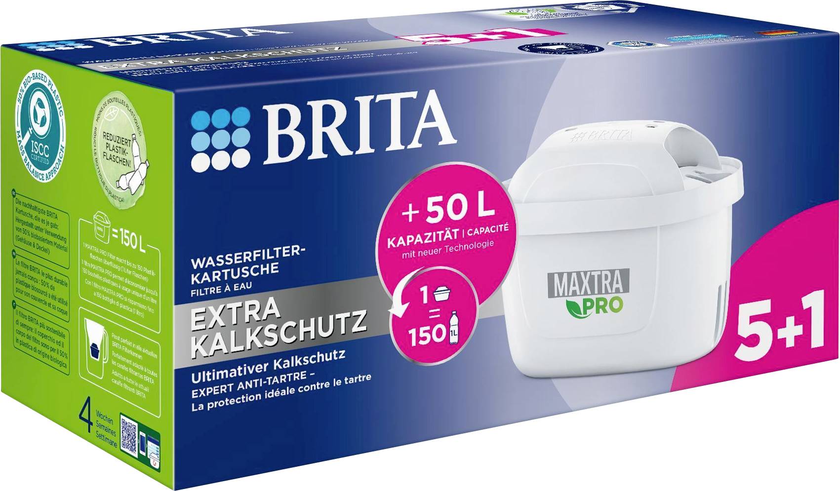 Verpackung eines Wasserfilter-Kartuschen-Sets von Brita, Modell Maxtra Pro. Enthält 5+1 Kartuschen, je 150 Liter Kapazität.