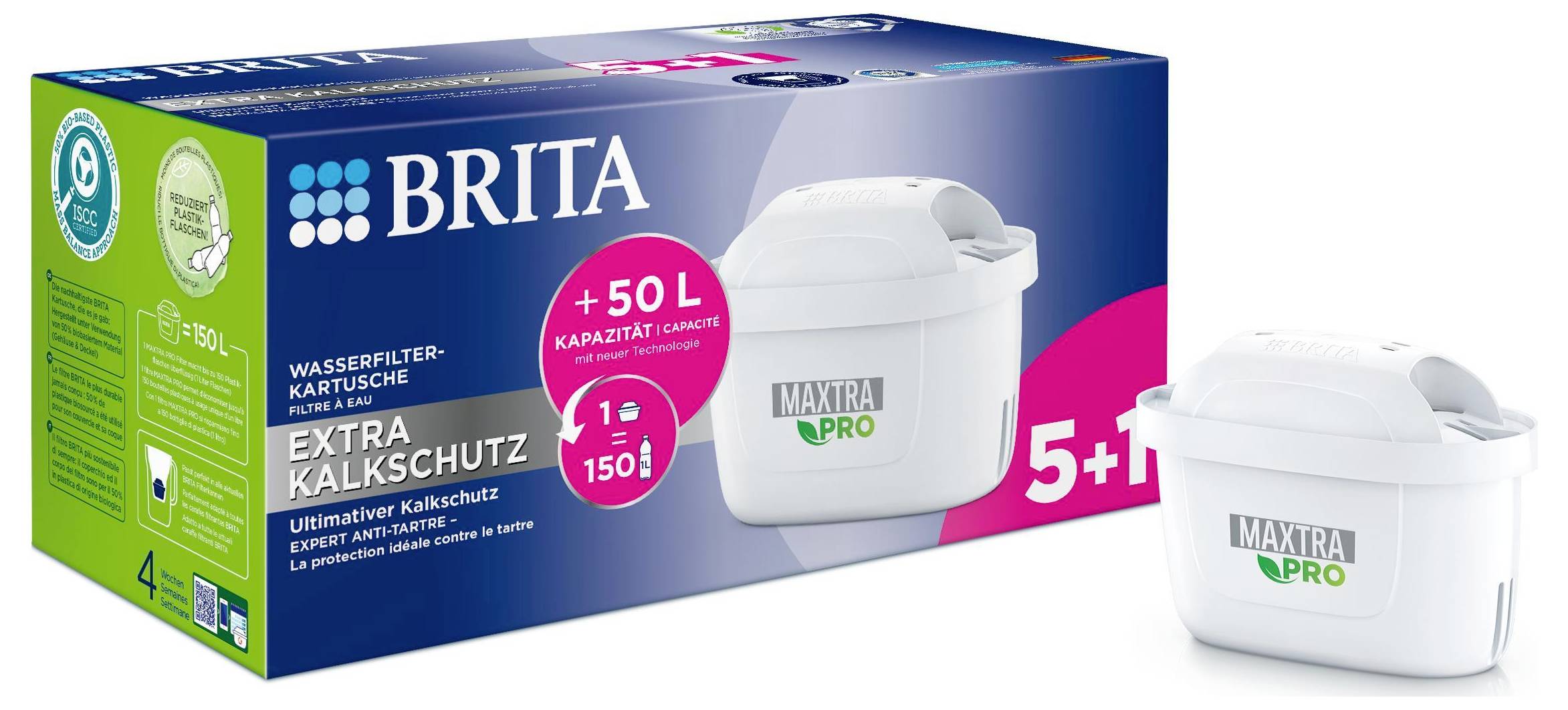 Kartuschen-Verpackung von Brita mit 'Extra Kalkschutz' und '+50 L Kapazität'. Enthält 6 Filter, geeignet für 150 L pro Kartusche.