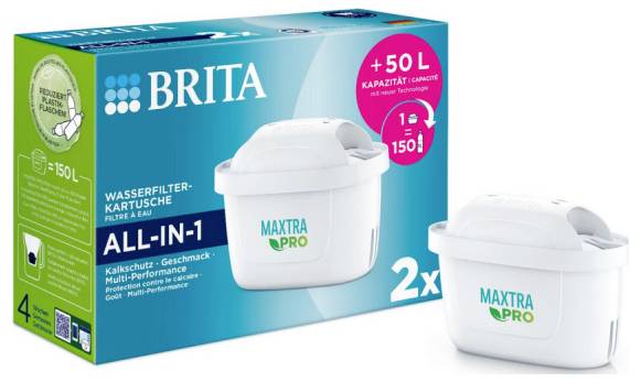 Wasserfilterkartuschen von Brita in einer 2er-Packung, verbessert den Geschmack und reduziert Kalk. Verpackung hebt +50L Kapazität hervor.
