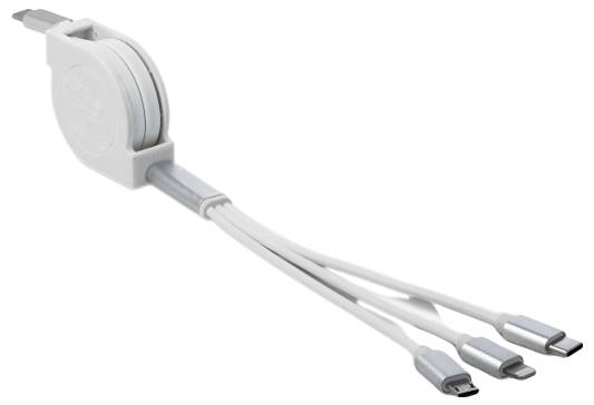 Ein einziehbares Ladekabel mit USB-C-, Micro-USB- und Lightning-Anschlüssen zum Aufladen von Geräten. Das Kabel wird von einer weißen Spule ausgefahren.