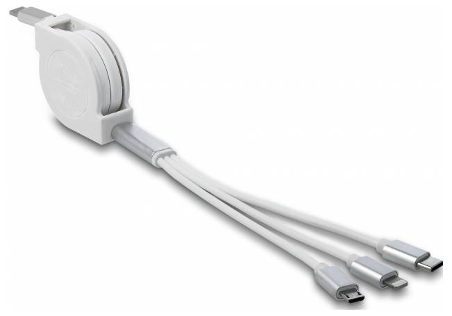 Ein einziehbares Ladekabel mit einem USB-A-Stecker an einem Ende und drei verschiedenen Anschlüssen am anderen Ende.