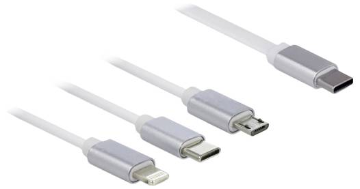 Vier Ladekabel mit unterschiedlichen Anschlüssen: USB-C, Micro-USB, Lightning und ein weiteres USB-C, nebeneinander ausgerichtet und positioniert.
