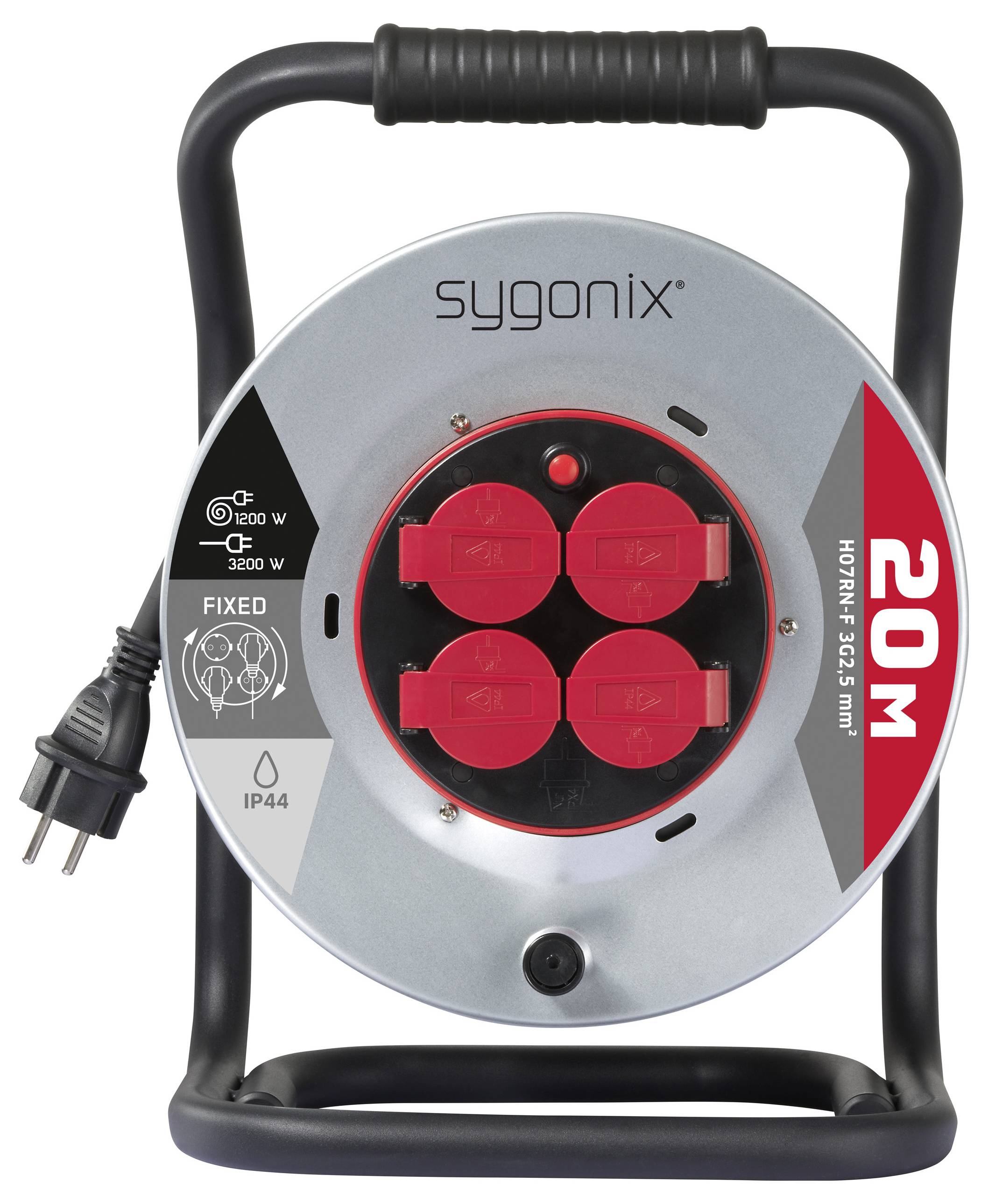 Eine Kabeltrommel mit vier roten Steckdosen, mit der Aufschrift 'sygonix', 20 Meter lang, unterstützt 1200W und 3200W, mit Wasserschutzklasse IP44.
