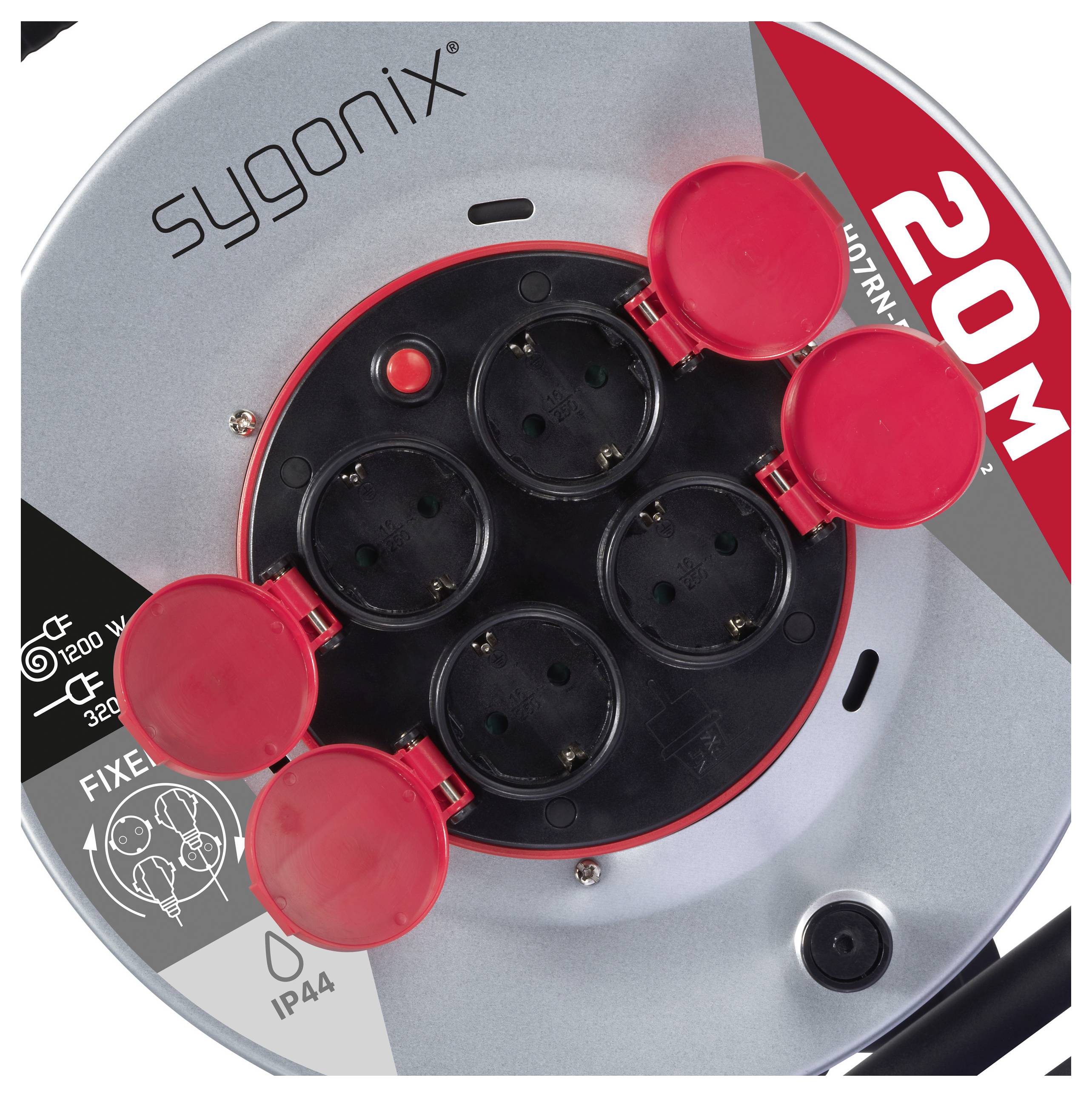 Stromkabeltrommel mit vier Steckdosen, rote Schutzdeckel und Markierung '20M'. Merkmale 1200W-230V, IP44. Markierung der Marke 'Sygonix' sichtbar.