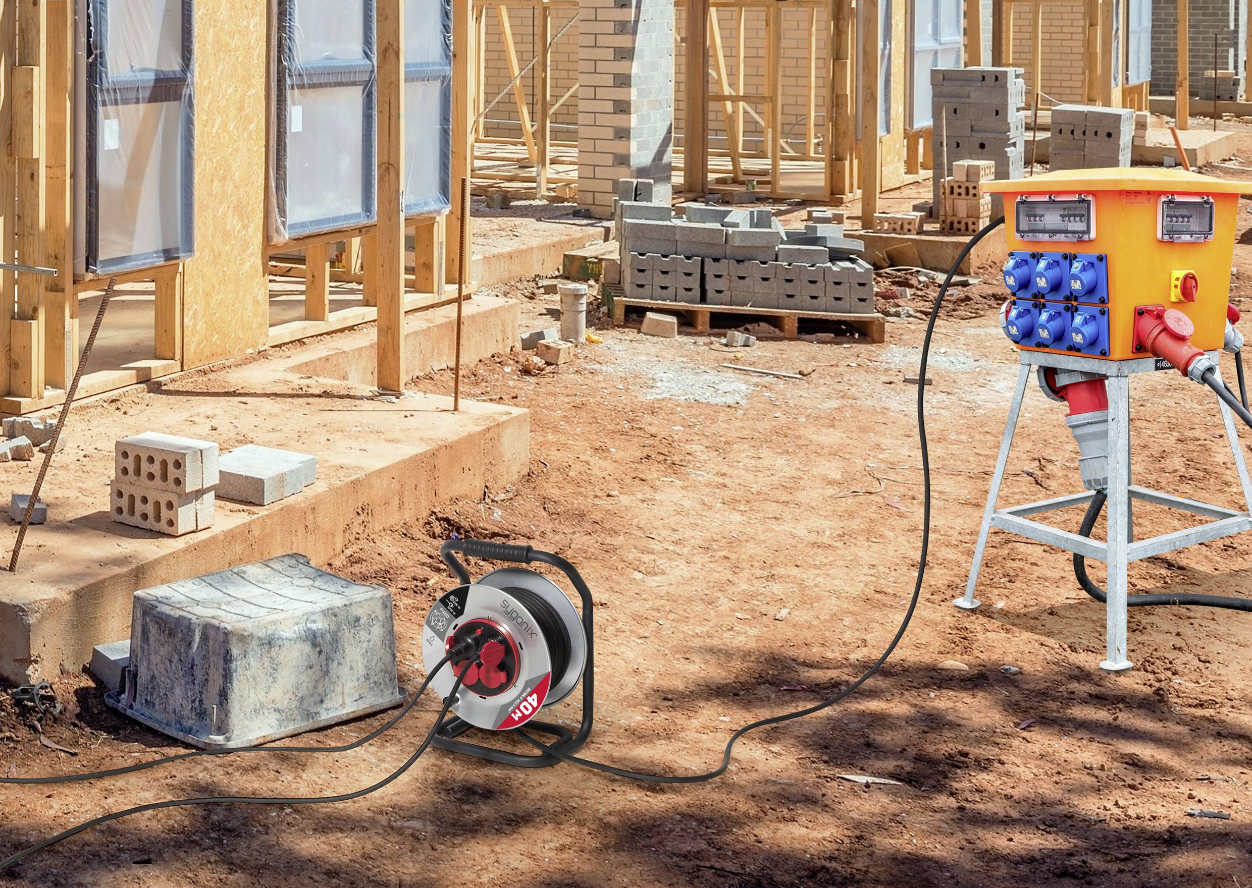 Baustelle mit einer mobilen Stromsteckdose und einer Kabeltrommel. Unfertige Ziegelwände und Holzrahmen sind im Hintergrund sichtbar.