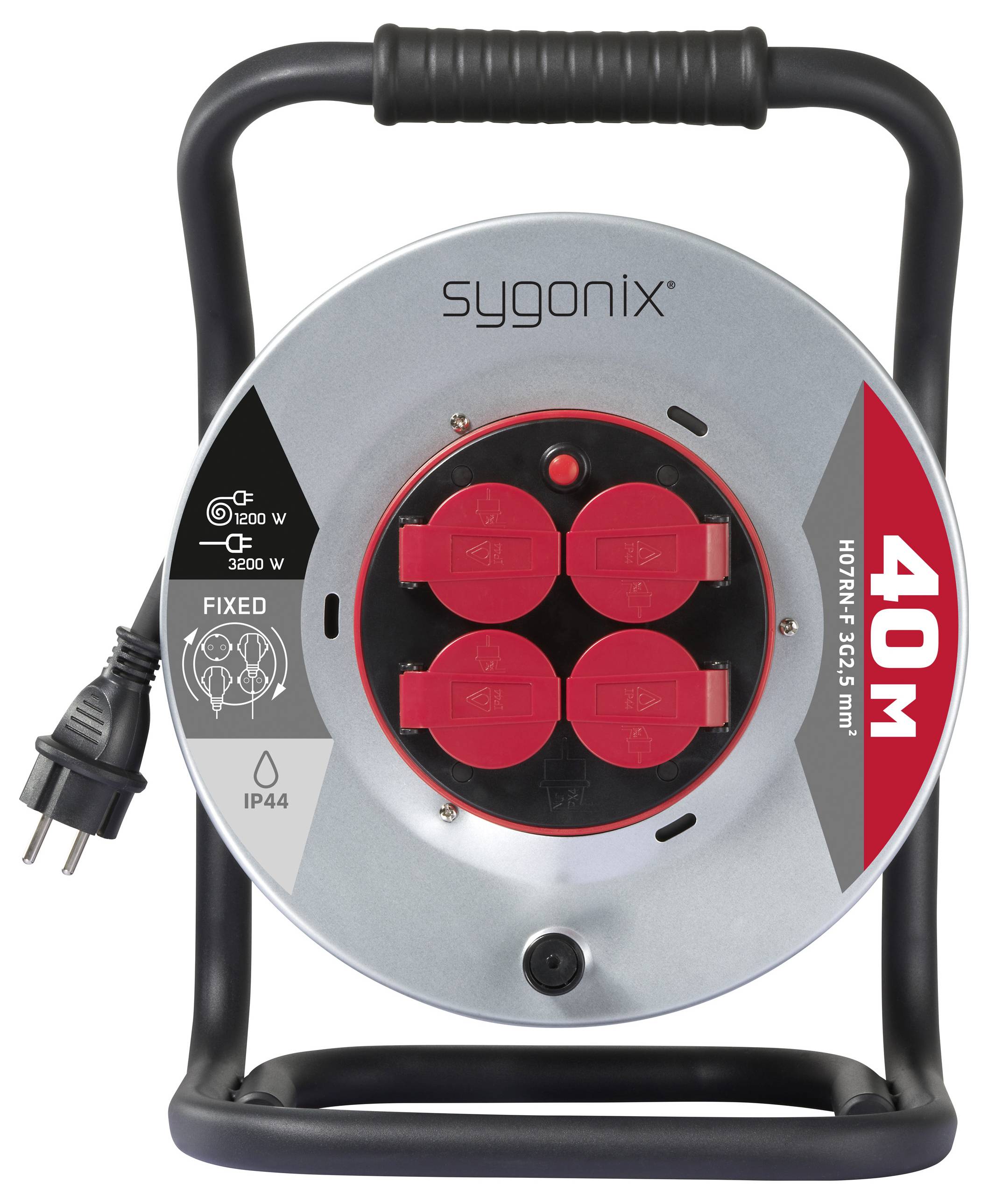 Eine tragbare elektrische Kabelrolle mit vier roten Steckdosen, schwarzem Griff und Stecker. Etikett zeigt 'sygonix', IP44-Bewertung und '40M'.