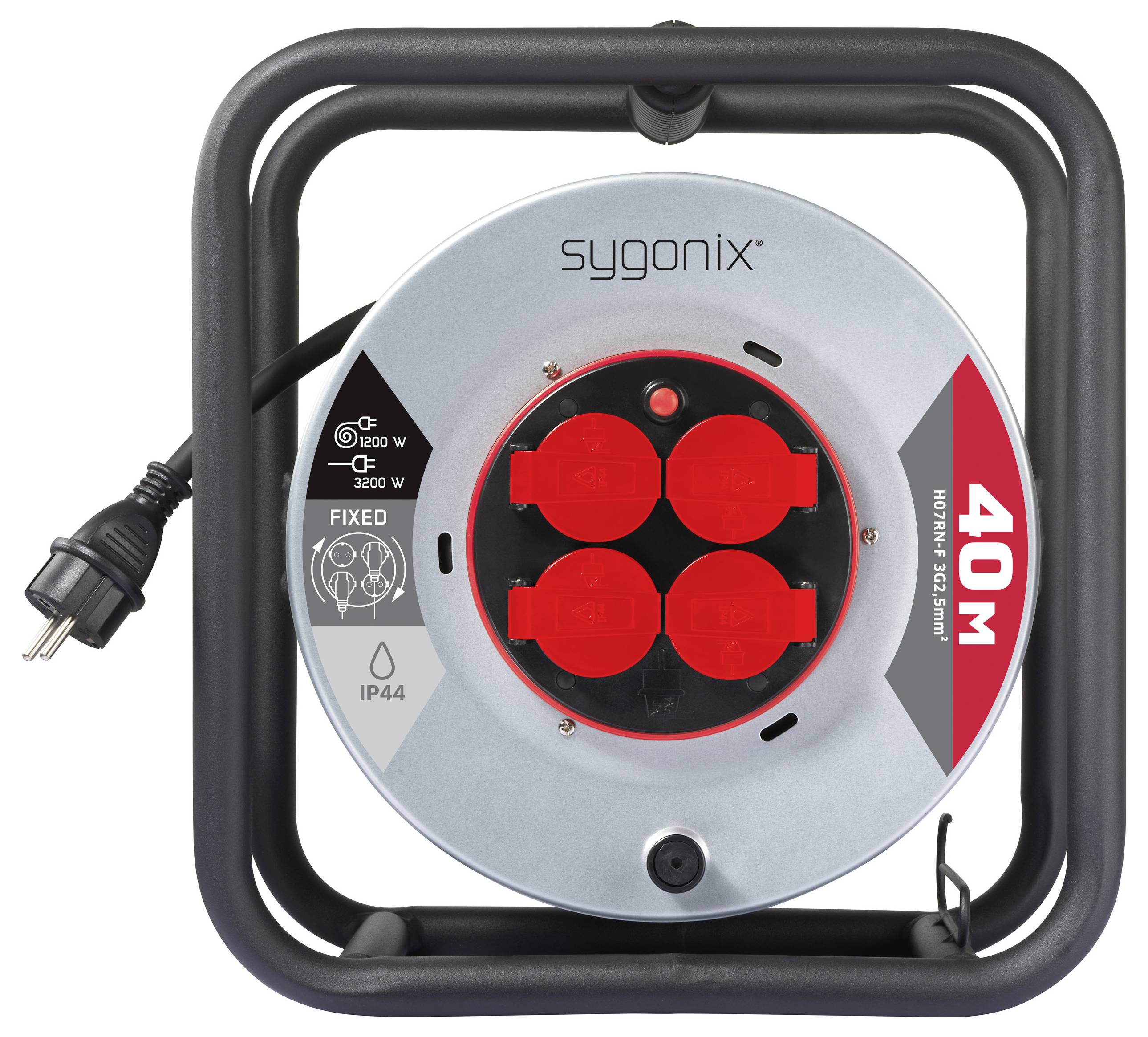 Kabeltrommel mit vier roten Steckdosen auf einem Metallgestell, gekennzeichnet mit 40M und 230V 16A. Enthält Netzkabel, IP44-Schutzart und sygonix-Markenlogo.