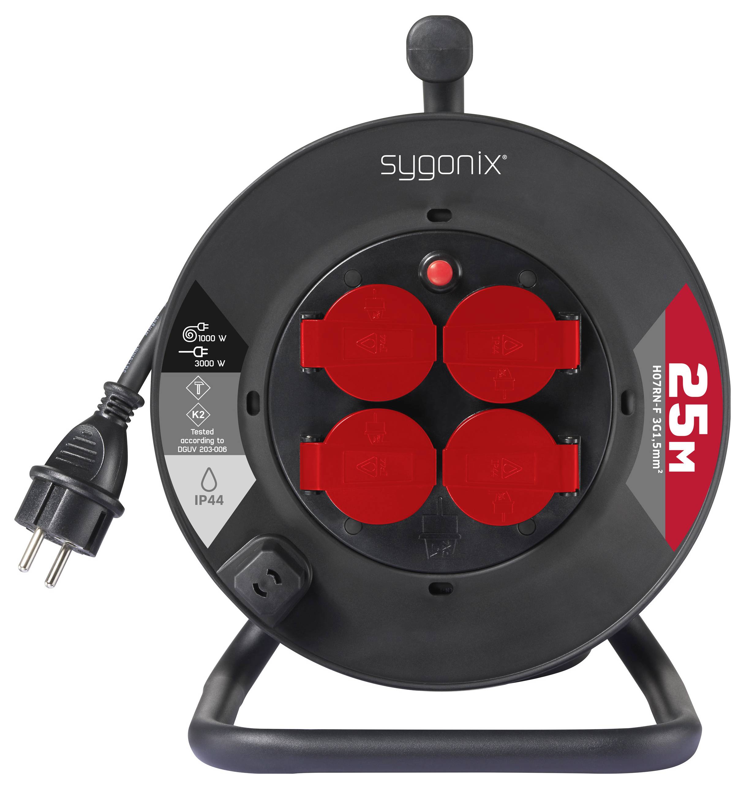 Eine schwarze Kabeltrommel mit vier roten Steckdosen und einer 25-Meter-Kabellängenanzeige, geeignet für den Einsatz sowohl drinnen als auch draußen.