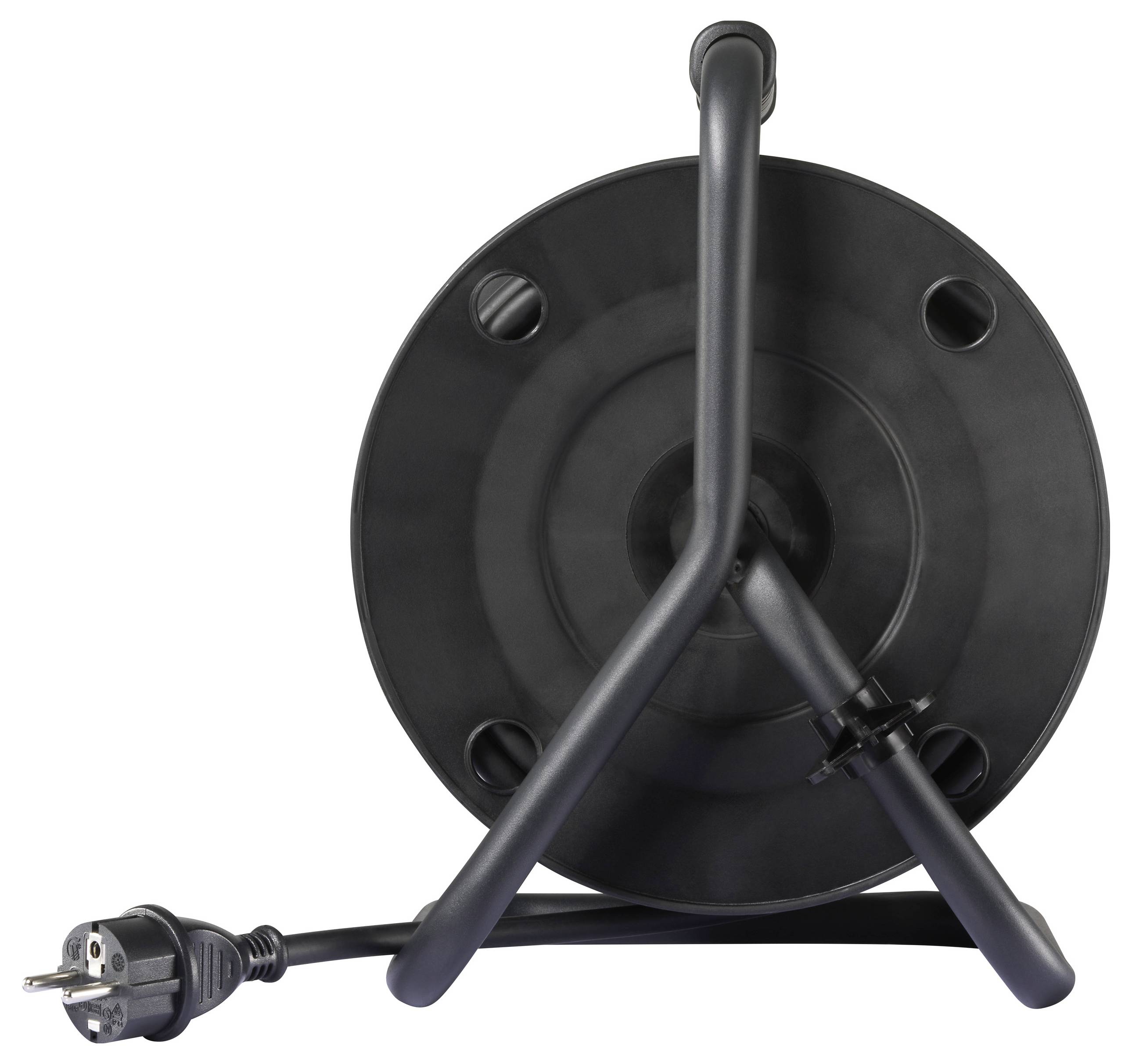 Schwarze einziehbare Verlängerungskabelrolle mit Ständer, die ein kreisförmiges Design und einen Stromstecker zeigt.