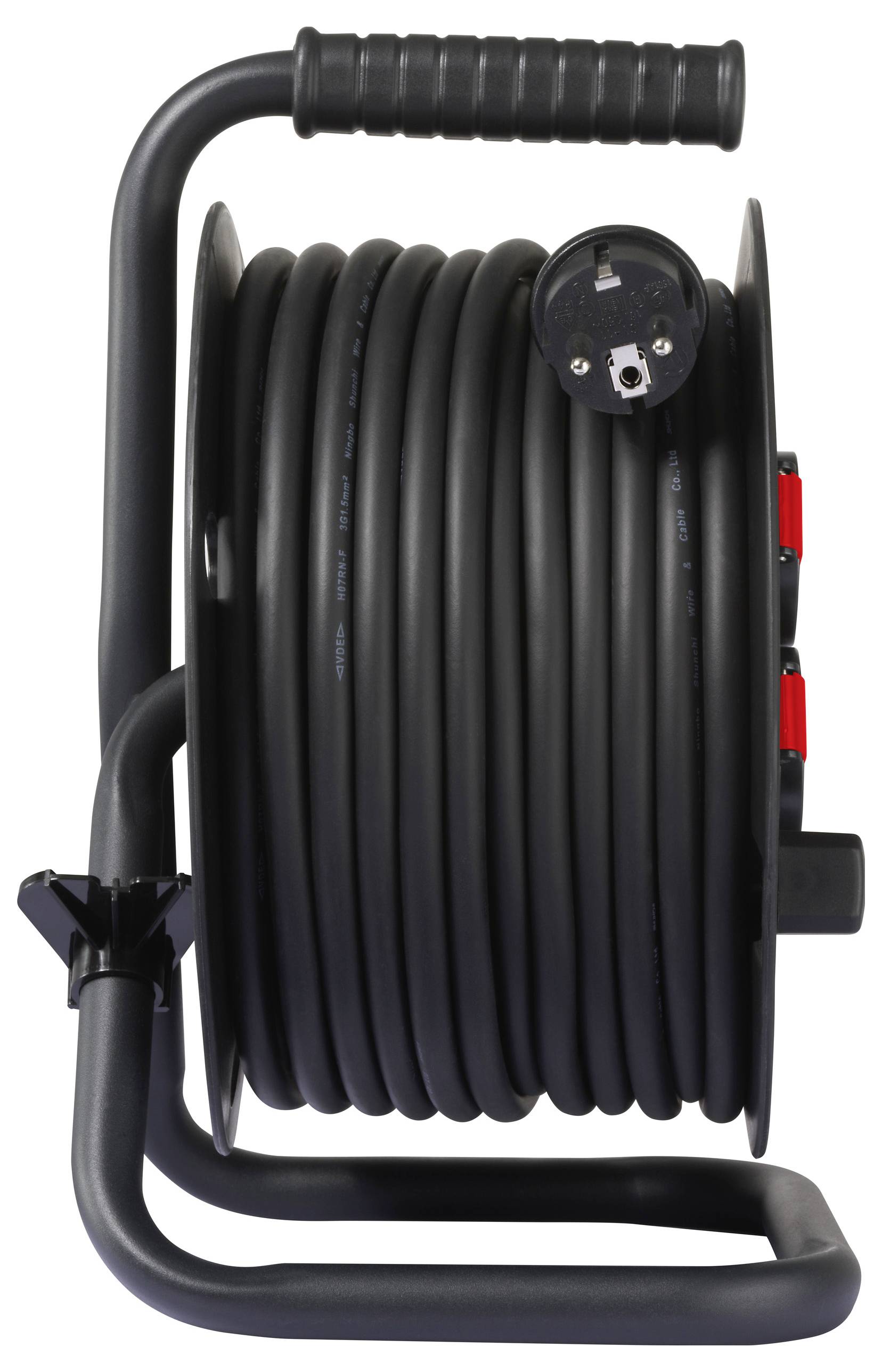 Eine schwarze, aufgewickelte Kabeltrommel mit einem Griff oben und Steckdosenbuchsen an der Seite, entwickelt zur Verwaltung langer elektrischer Kabel.