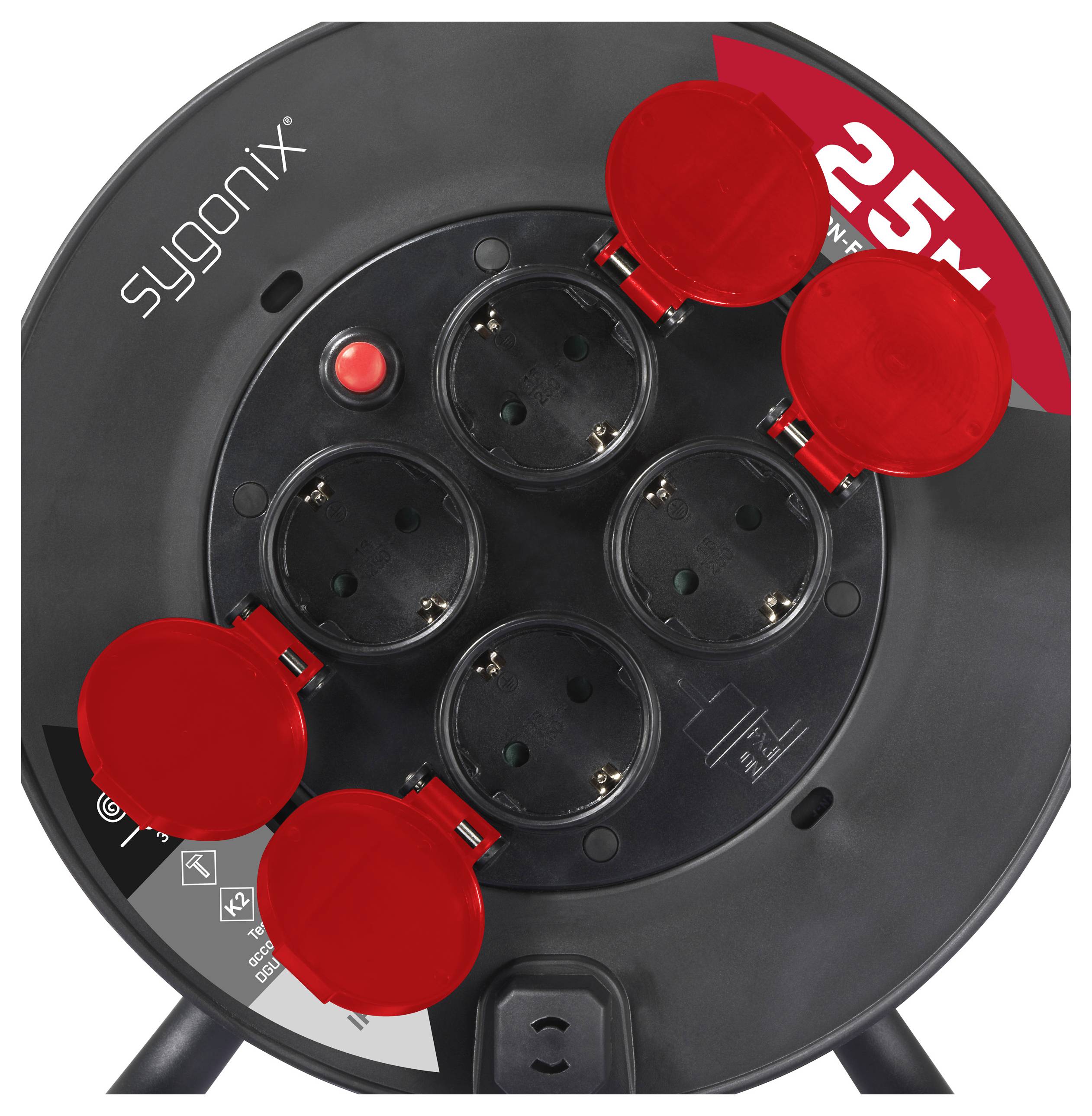 Ein runder schwarzer Steckdosenverteiler mit vier roten Steckdosen, die jeweils mit einer Schutzabdeckung versehen sind, beschriftet mit 'sygonix 25m'.