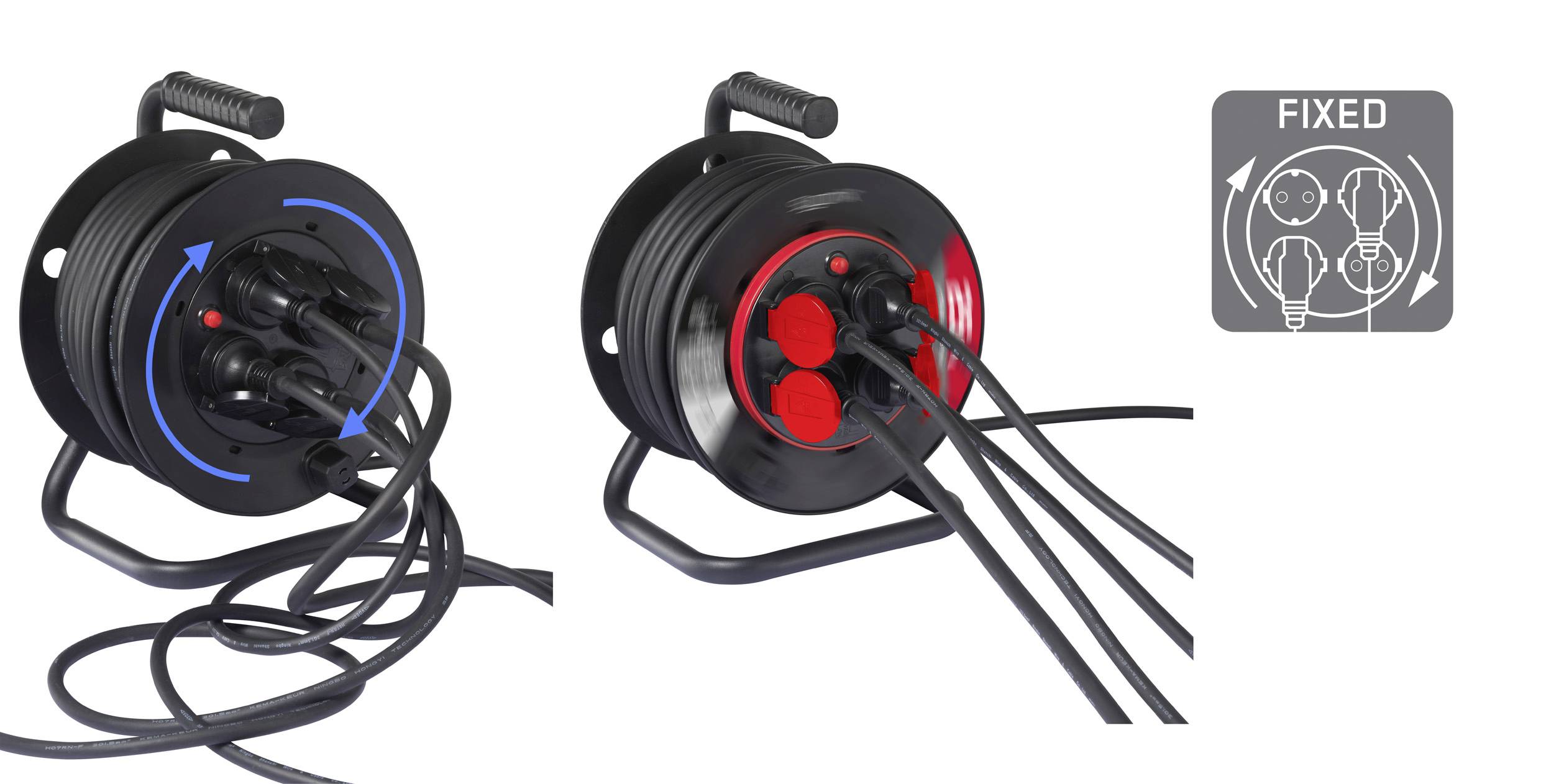 Zwei Kabeltrommeln mit mehreren Steckdosen sind zu sehen. Die linke Trommel zeigt drehbare Steckdosen mit einem blauen Pfeil, die rechte Trommel hat fest installierte rote Steckdosen.