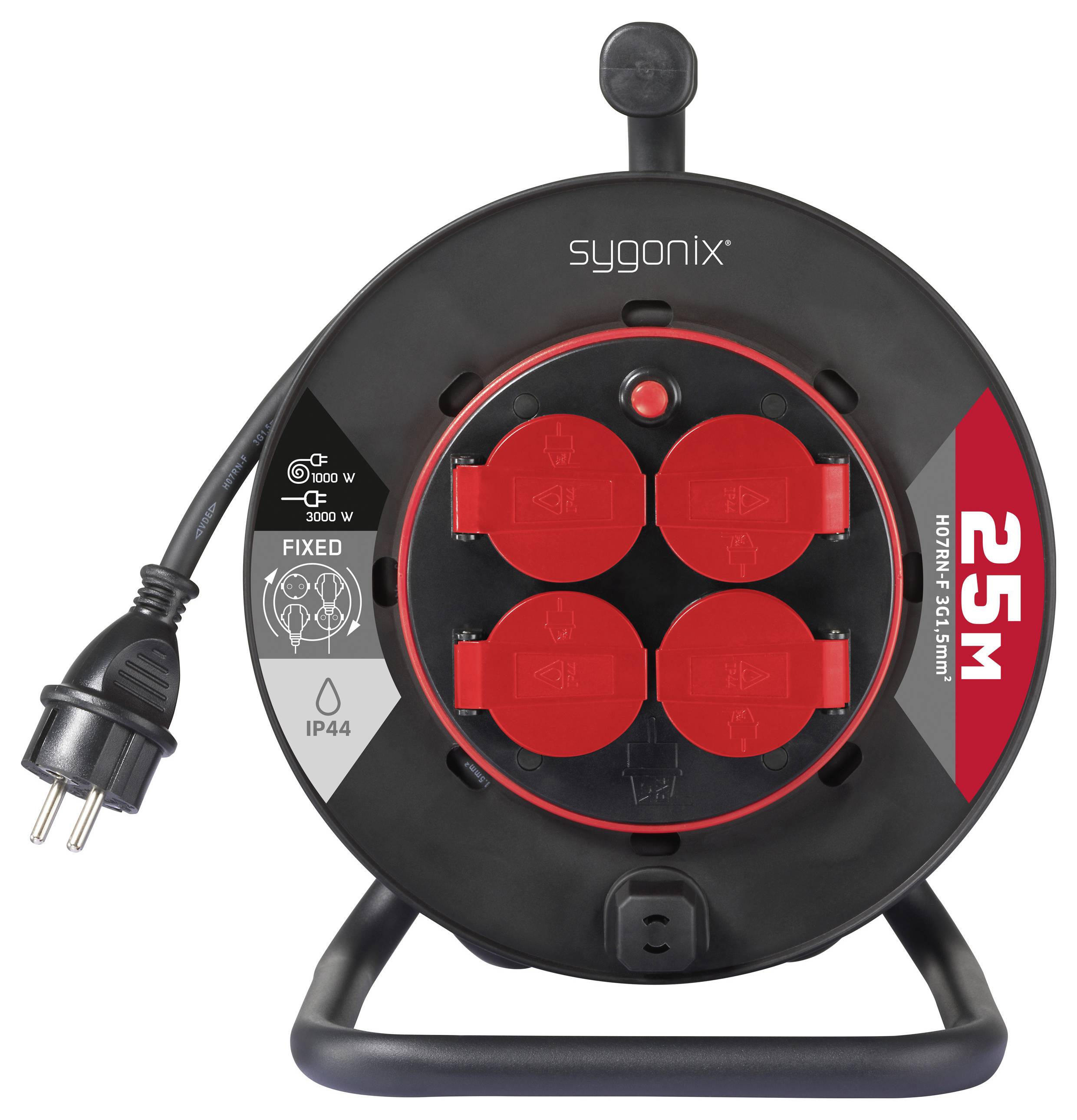 Schwarze Kabeltrommel mit vier roten Steckdosen, einer Kabellänge von 25 Metern und einer IP44-Schutzart. Geeignet für den Einsatz im Freien.