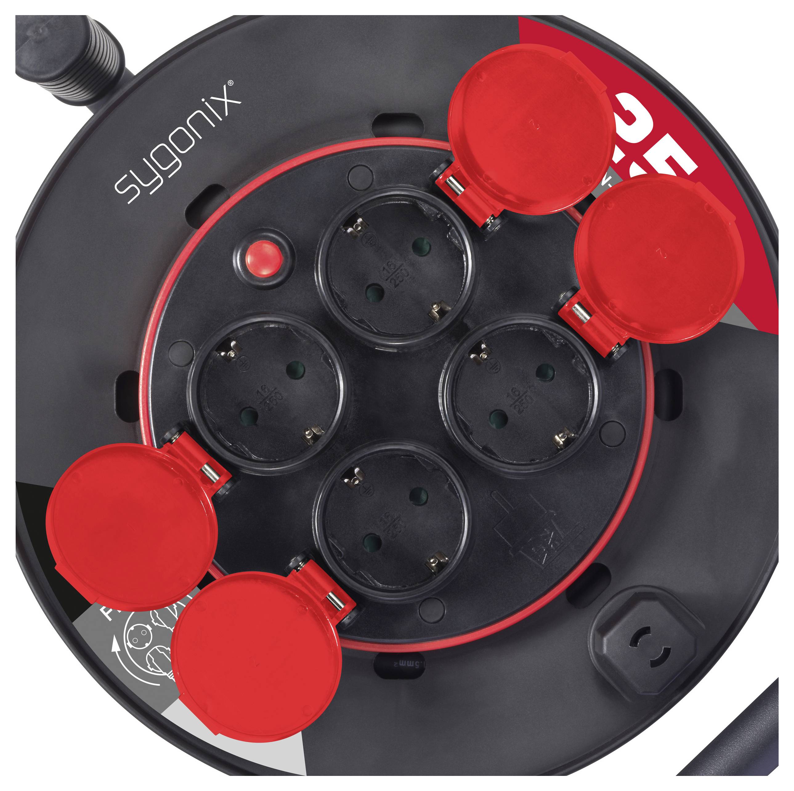 Ein schwarzes Sygonix-Steckdosenleiste mit vier roten Schalterabdeckungen und sichtbaren Steckdosen, entwickelt für sichere elektrische Verbindungen.