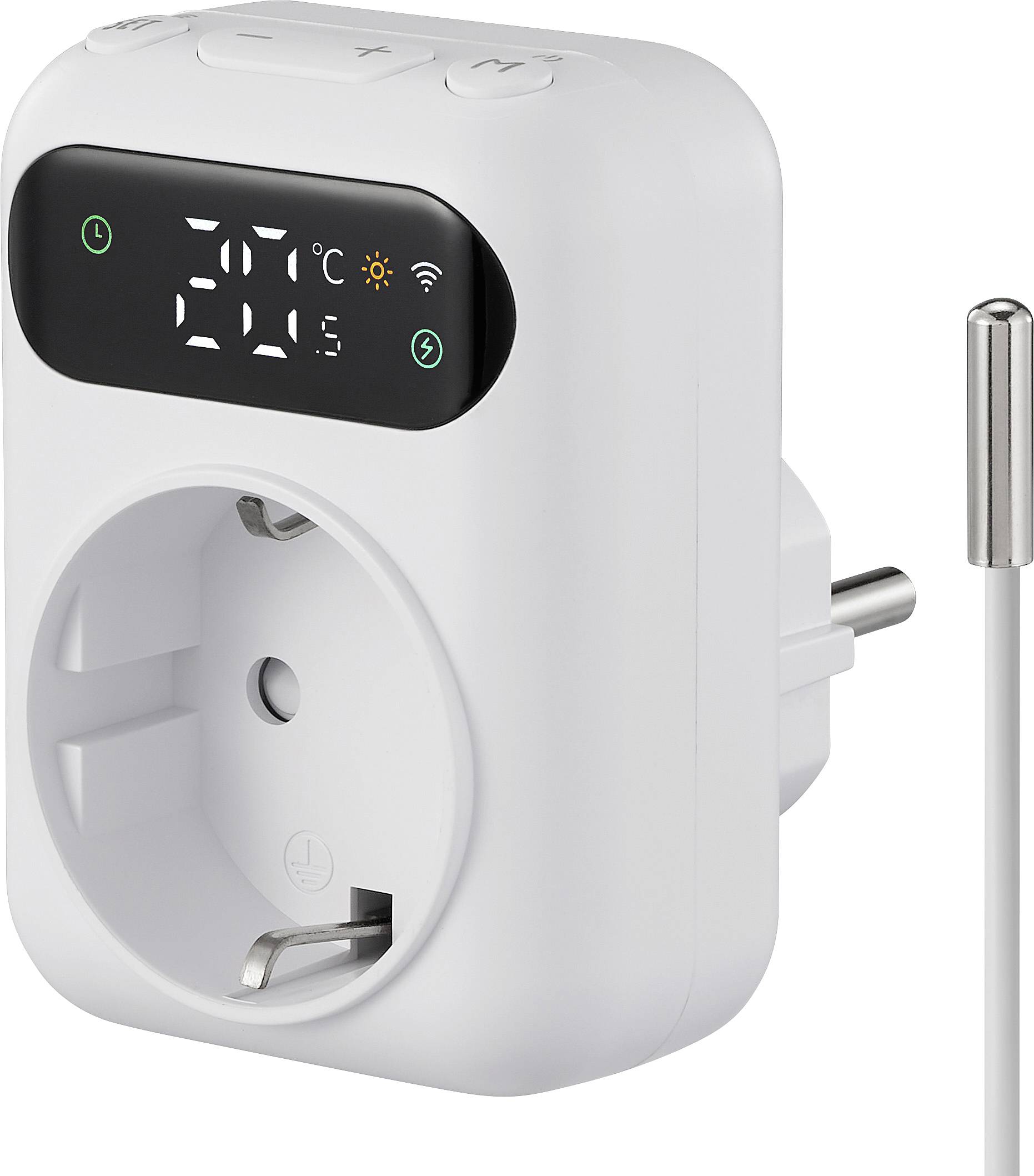 Ein Smart-Plug mit einem digitalen Display, das '20°C' und Symbole für Temperatur und WLAN-Verbindung zeigt. Ein Messfühler ist daran angeschlossen.