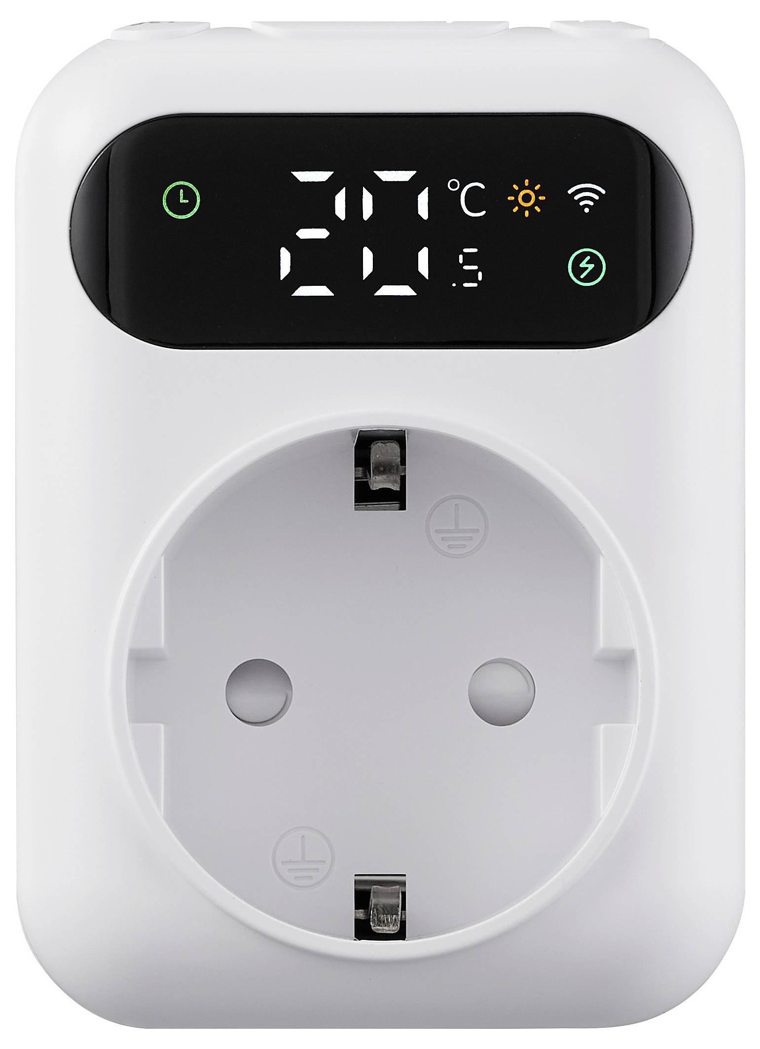 Eine digitale Smart-Steckdose mit Temperaturanzeige, die '20°C' zeigt, Zeiteinstellungen, WLAN-Signal und Stromverbrauchsanzeigen auf weißem Hintergrund.