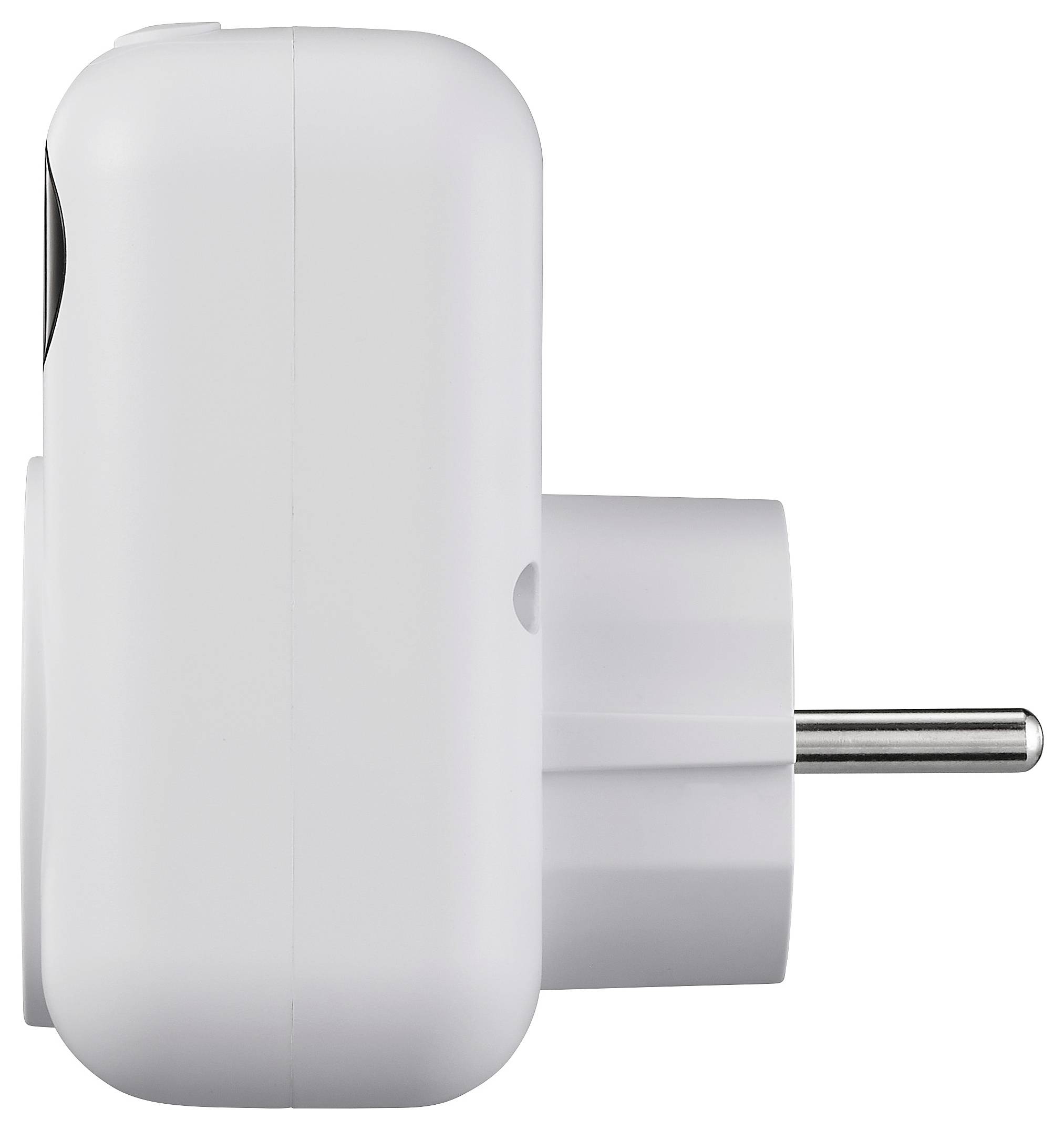 Seitenansicht eines weißen Steckgeräts mit einem runden europäischen Stecker, das sein kompaktes und minimalistisches Design zeigt.