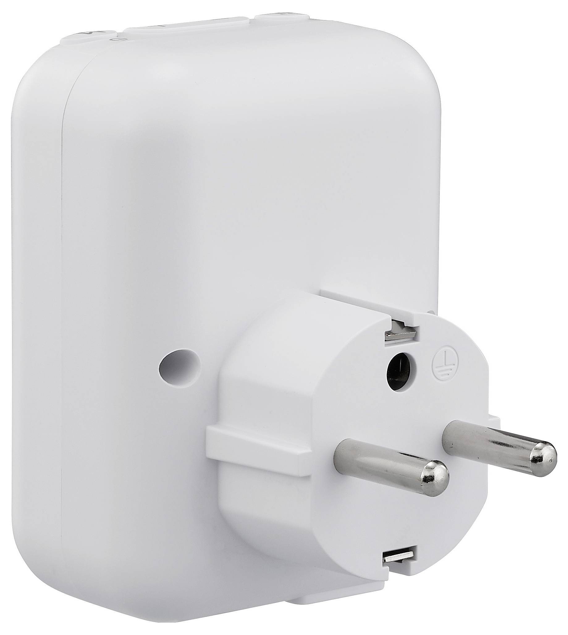 Ein weißer Netzstecker-Adapter mit metallischen Stiften, der für die Verwendung in europäischen Steckdosen konzipiert ist.