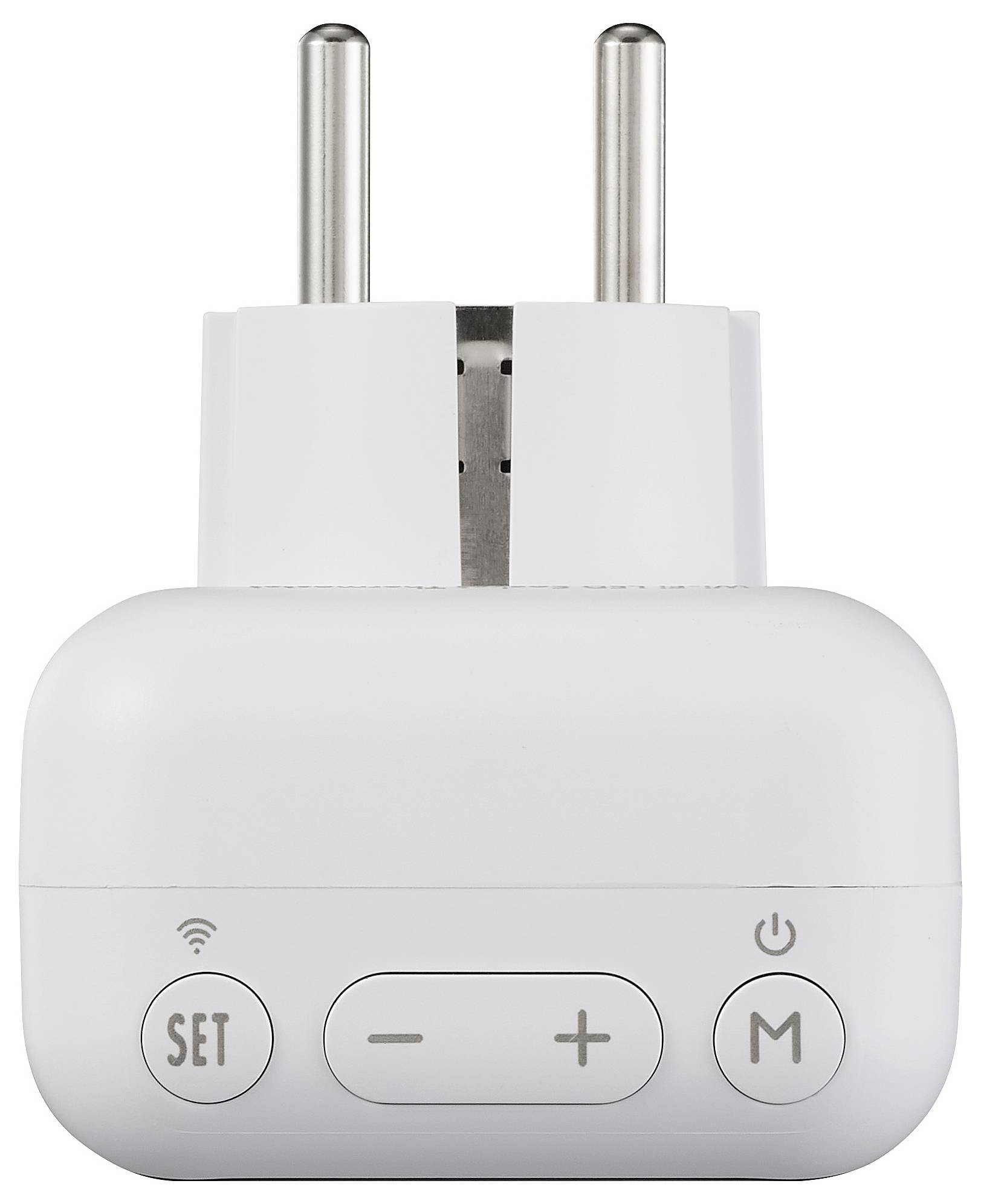 Eine intelligente Steckdose mit europäischem Zweipinnenstecker, die Tasten mit den Beschriftungen 'SET', '-', '+' und 'M' aufweist, zur Steuerung angeschlossener Geräte.