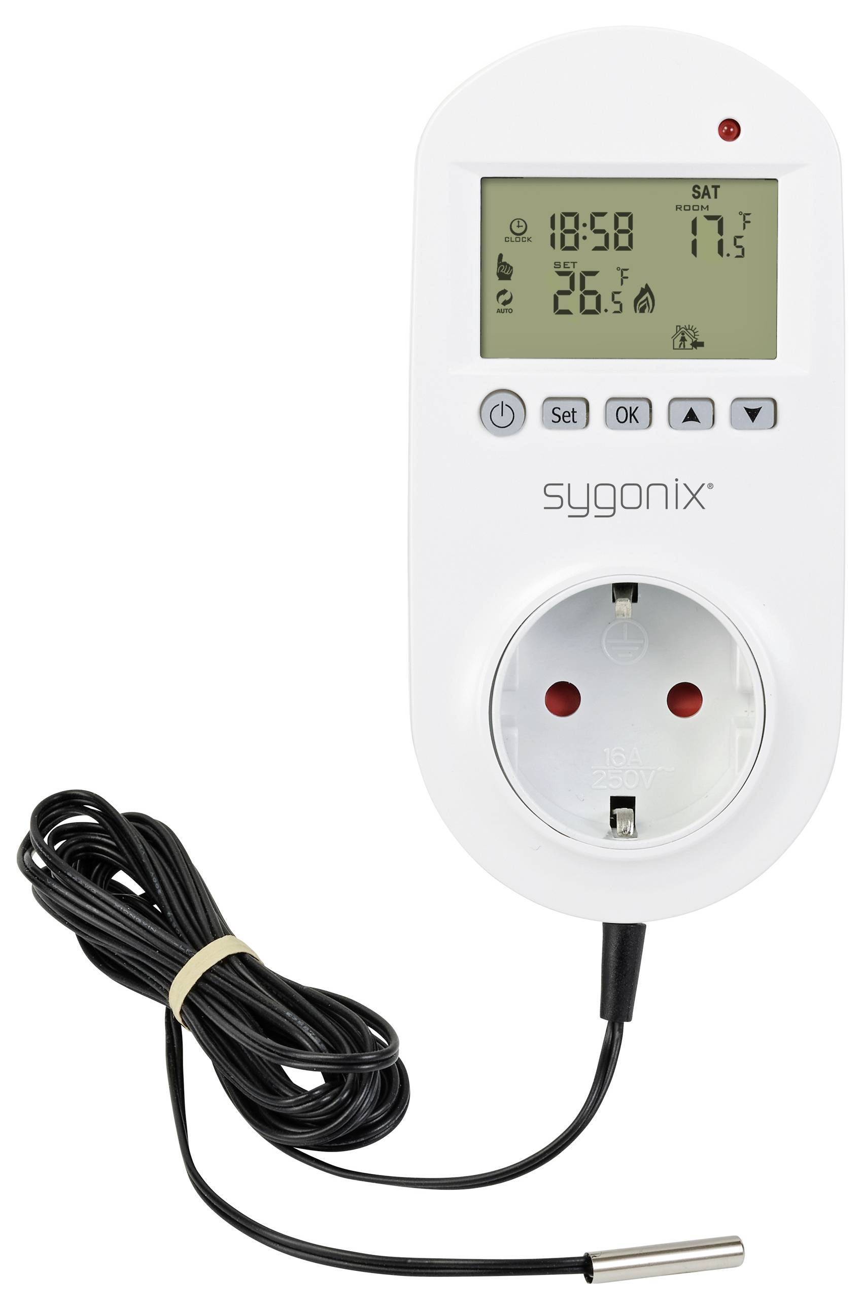 Elektronischer Thermostat mit Steckdose und Kabelsensor, Display zeigt Temperatur und Einstellungen. Marke 'sygonix'.