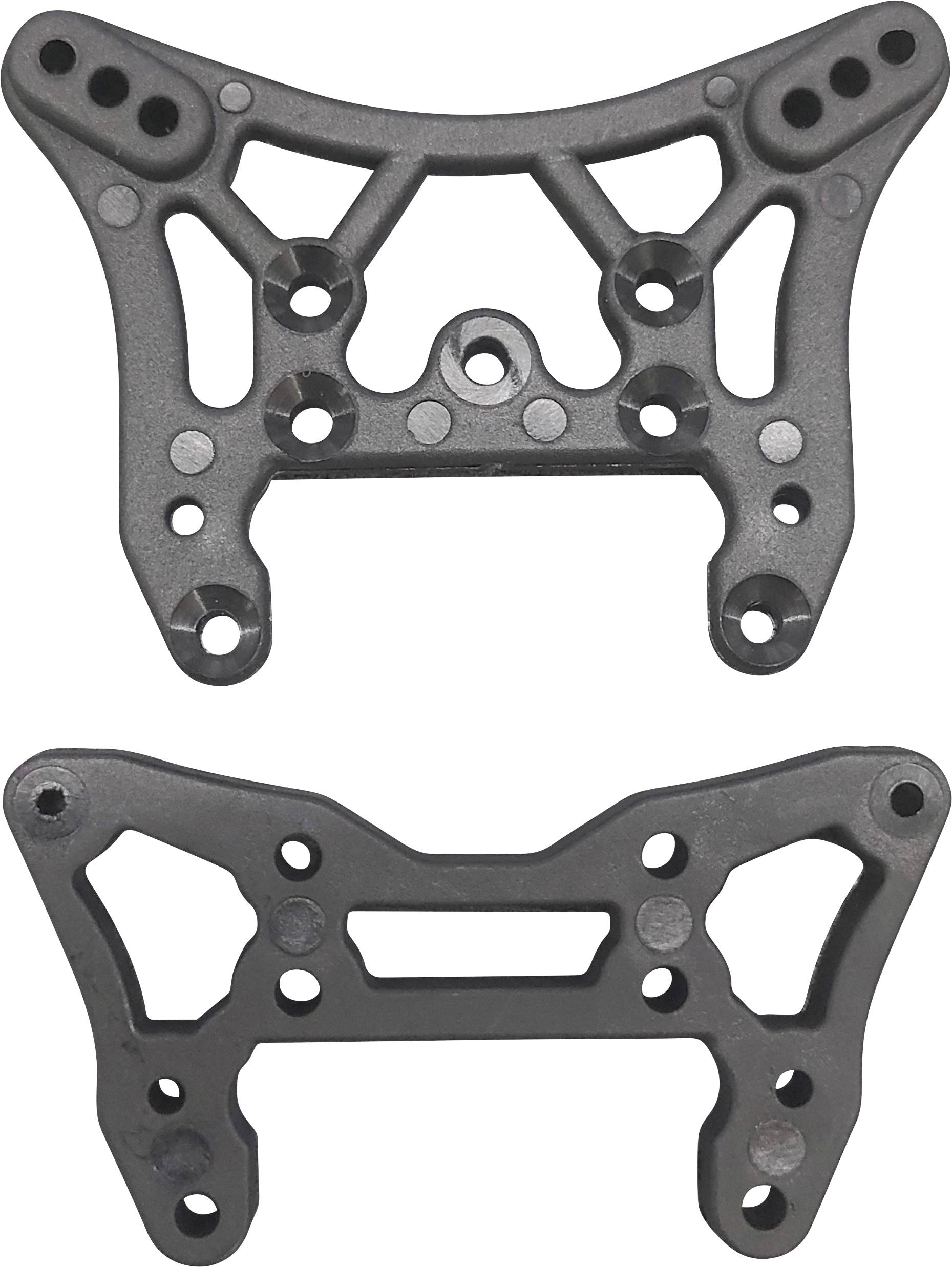 Zwei graue, kunstvoll gestaltete Metallhalterungen mit mehreren Löchern, wahrscheinlich für mechanische Montage oder strukturelle Unterstützungszwecke.