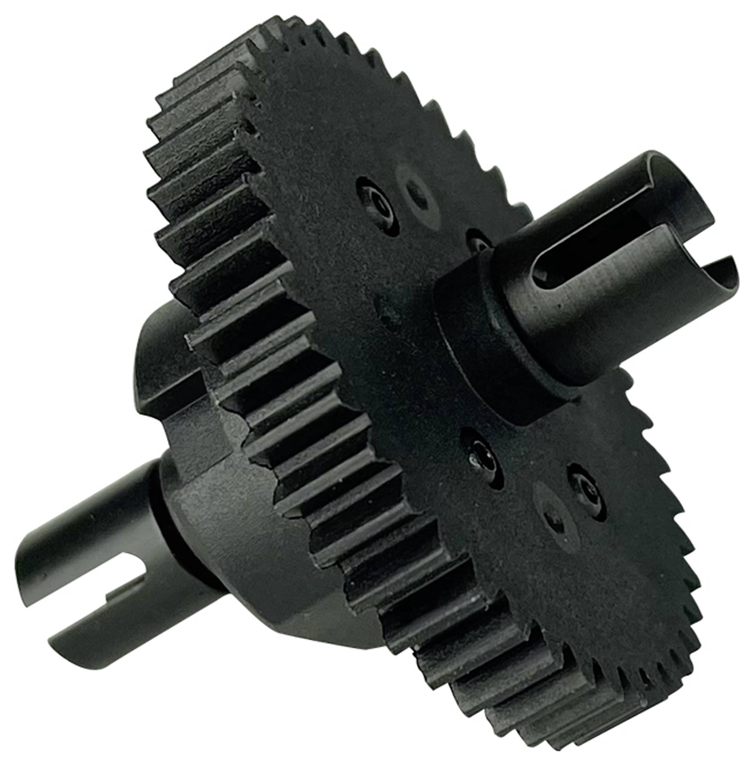 Ein schwarzes, zweischichtiges Zahnrad mit ineinandergreifenden Zähnen, wahrscheinlich in Maschinen oder Robotik verwendet, das leicht gewinkelt gezeigt wird, um seine Struktur zu verdeutlichen.