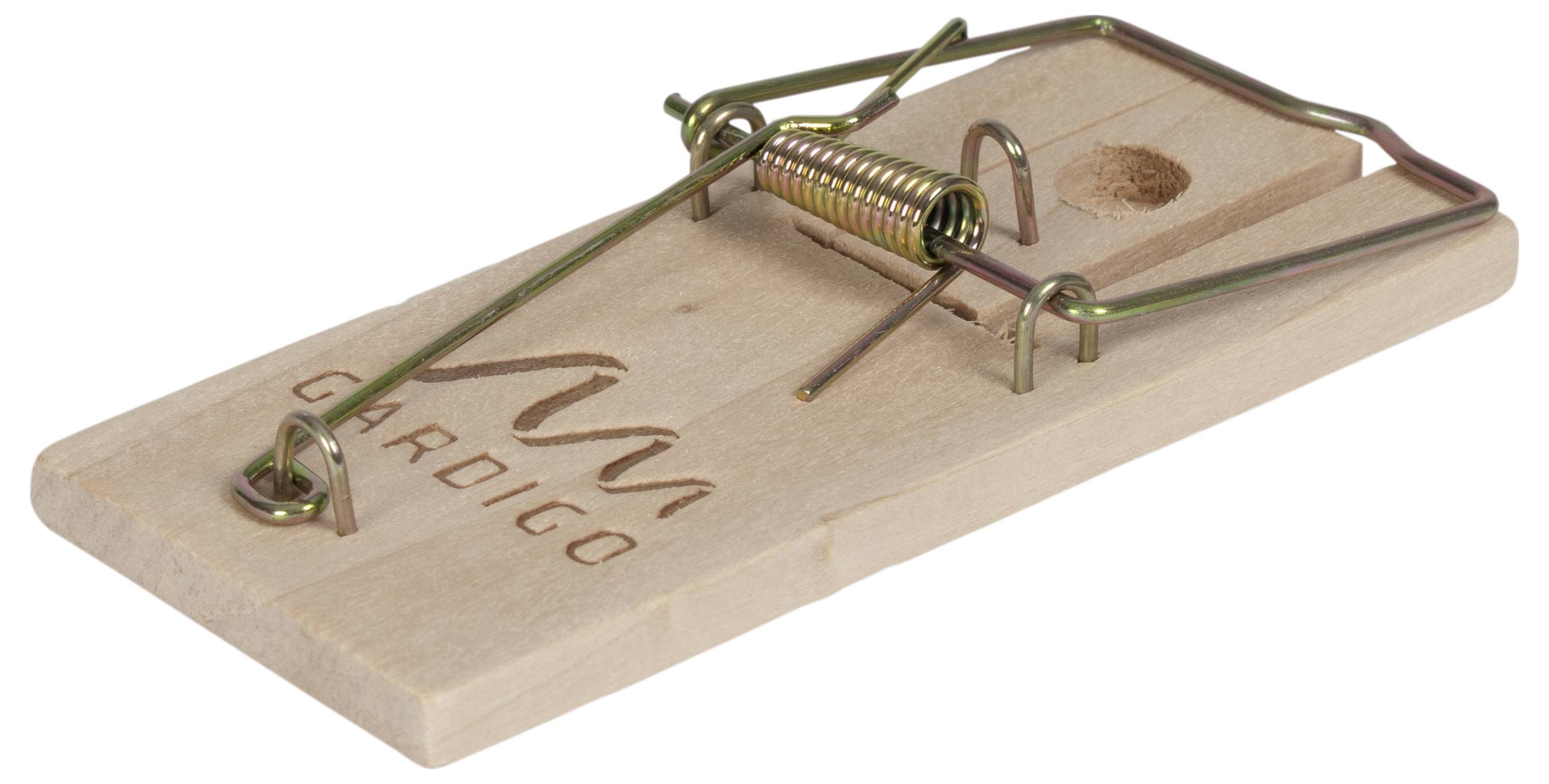 Holz-Mausefalle mit Metallbügel und Federmechanismus. Geeignet zur Schädlingsbekämpfung in Innenräumen.