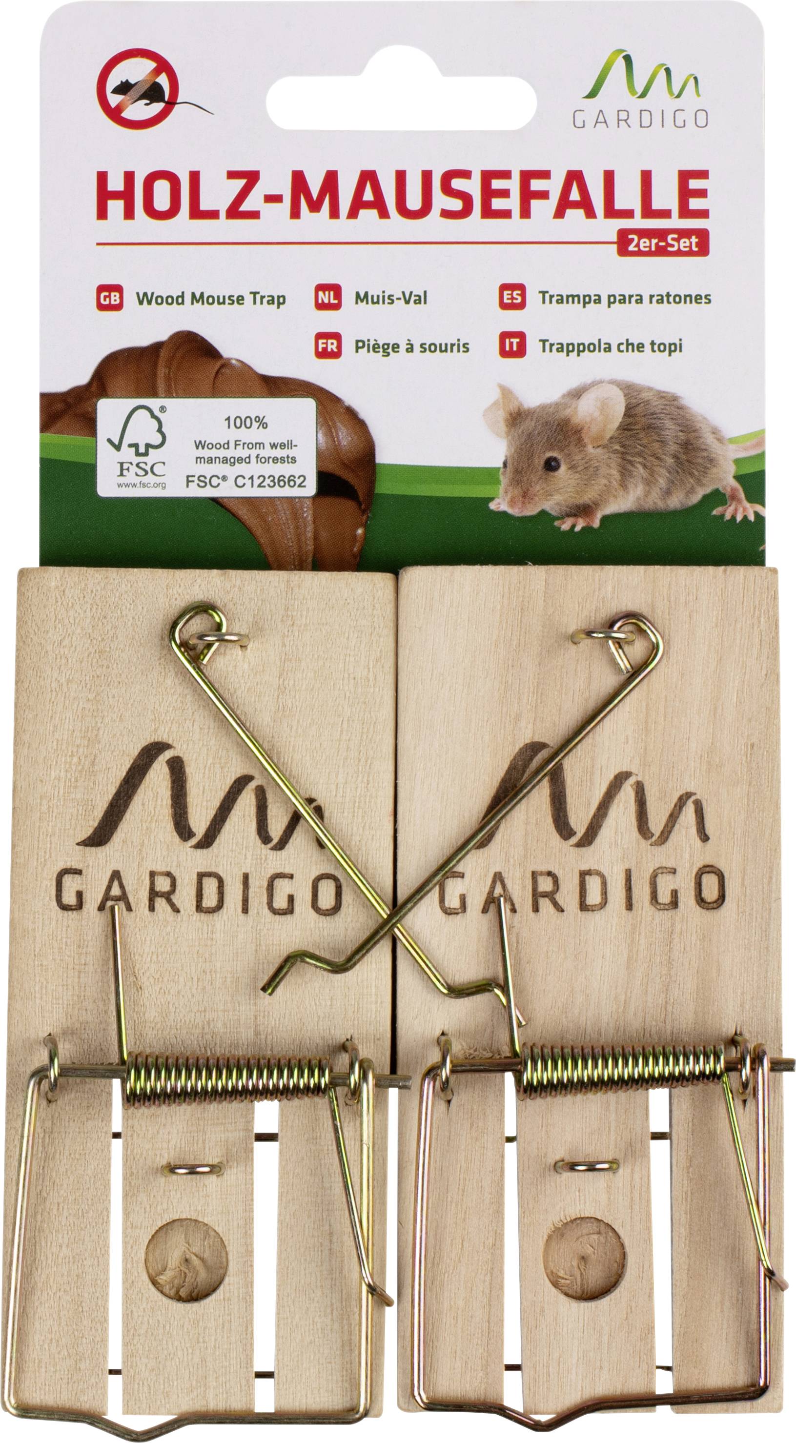 Verpackung mit zwei Holz-Mausefallen von Gardigo, FSC-zertifiziert. Klartext in mehreren Sprachen, zeigt Funktion und Marke.