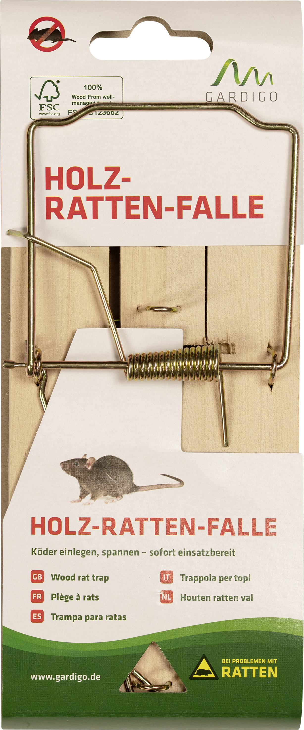 Holz-Rattenfalle in Verpackung. Enthält Abbildung einer Ratte und den Text 'Holz-Ratten-Falle'. Geeignet zur Schädlingsbekämpfung.