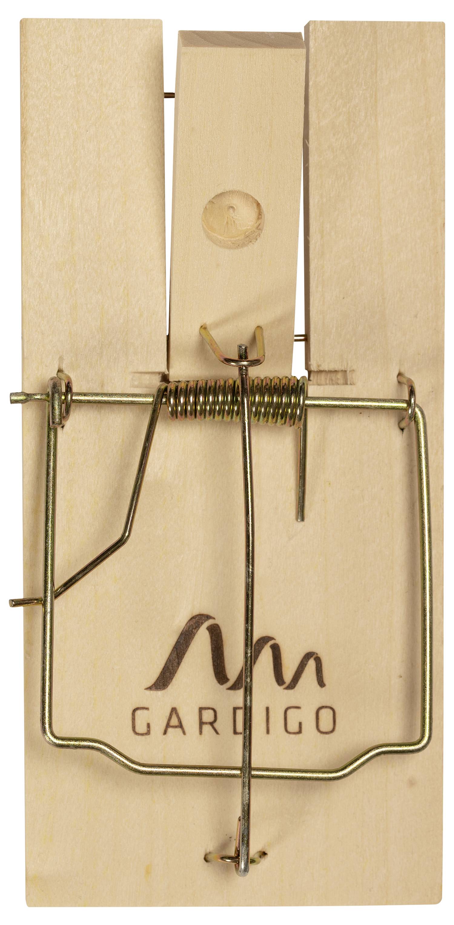 Holzfalle mit Metallbügel und Marke 'GARDIGO' graviert, dient zum Fangen kleinerer Schädlinge.