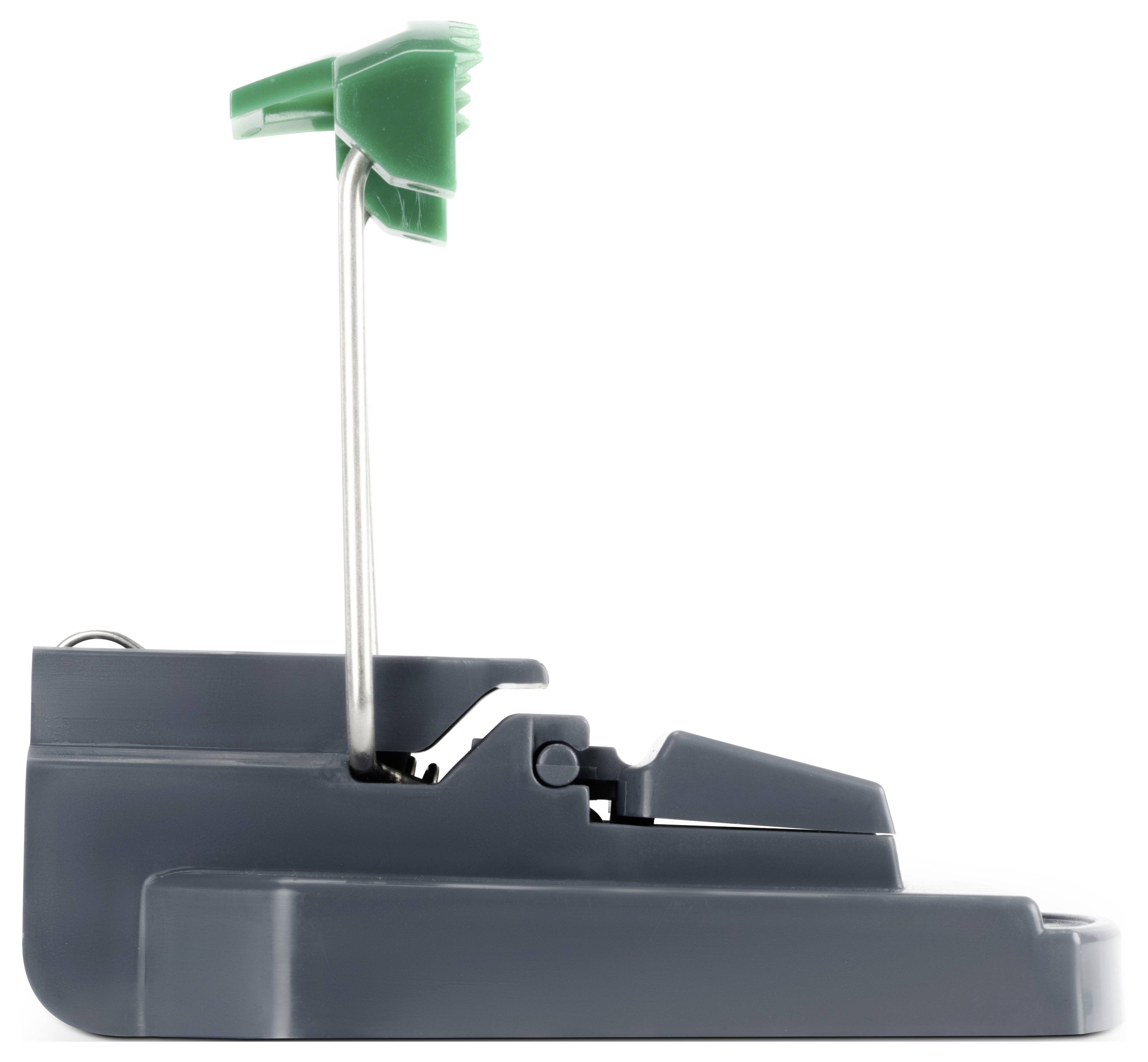 Ein seitlich abgebildeter, grauer Drahtabstreifer mit grünem Griff steht in Ruhestellung.