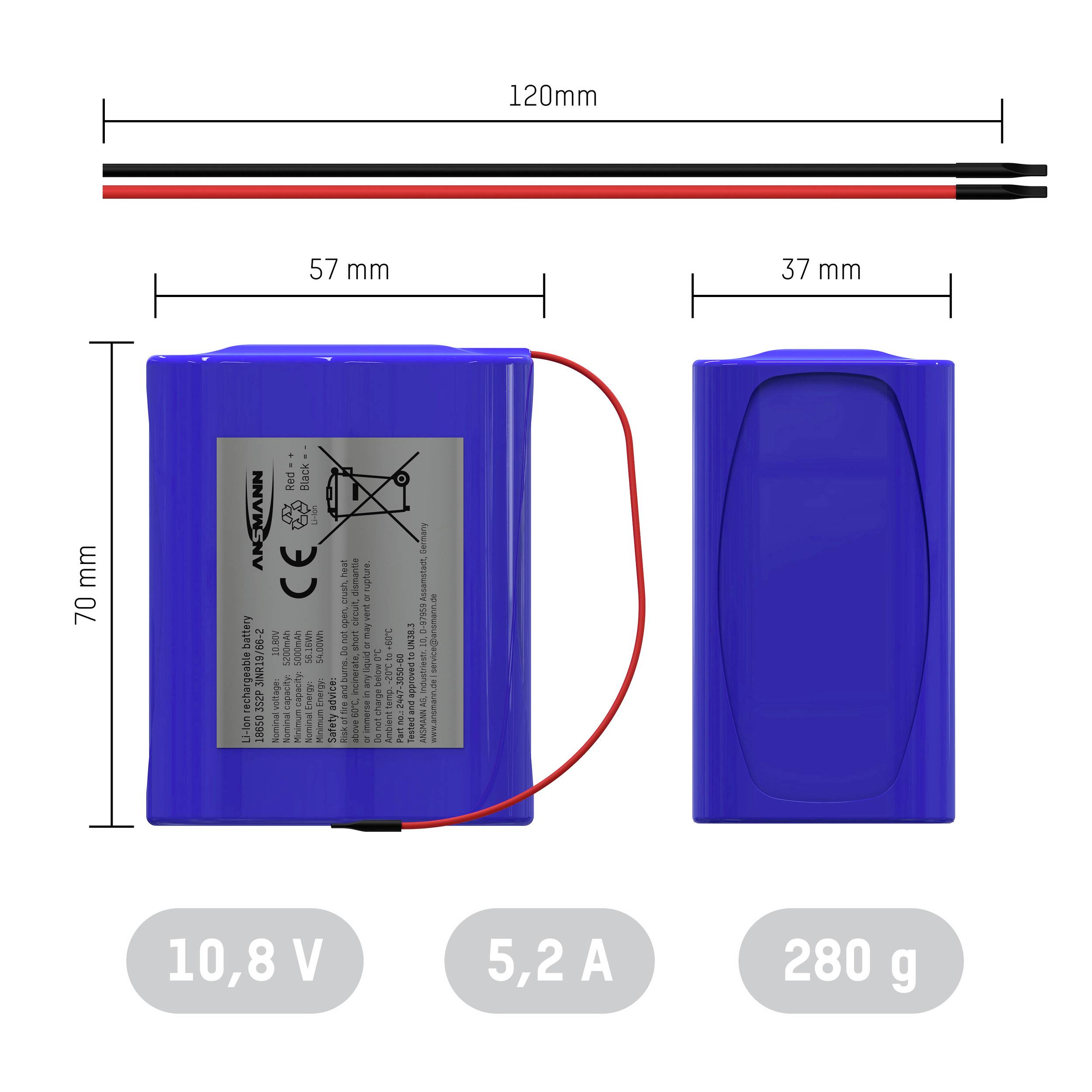 Blauer Akku mit Kabel. Maße: 70mm Höhe, 57mm Breite, 37mm Tiefe. Spannung: 10,8V, Kapazität: 5,2A, Gewicht: 280g. Kabel: 120mm.