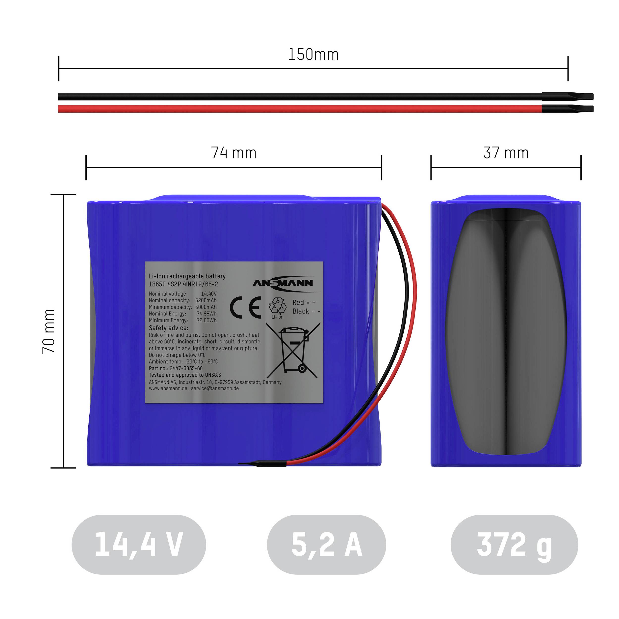 Ansmann 4S2P Akkupack 8x 18650 Kabel Li-Ion 14.4V 5200mAh Akkupack 8x Li-Ion 14.54V 5200 mAh