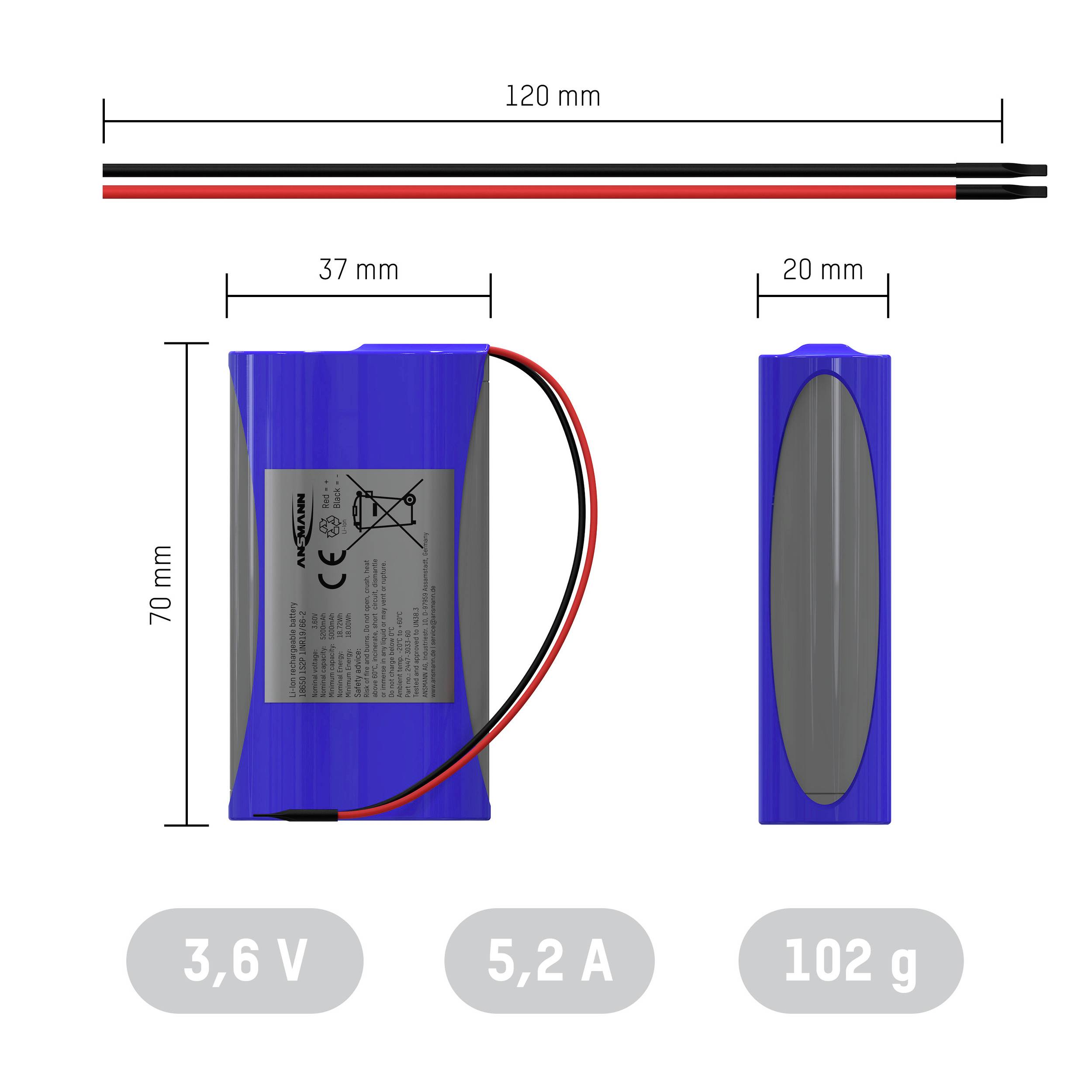 Ansmann 1S2P Akkupack 2x 18650 Kabel Li-Ion 3.6V 5200mAh Akkupack 2x Li-Ion 3.6V 5200 mAh