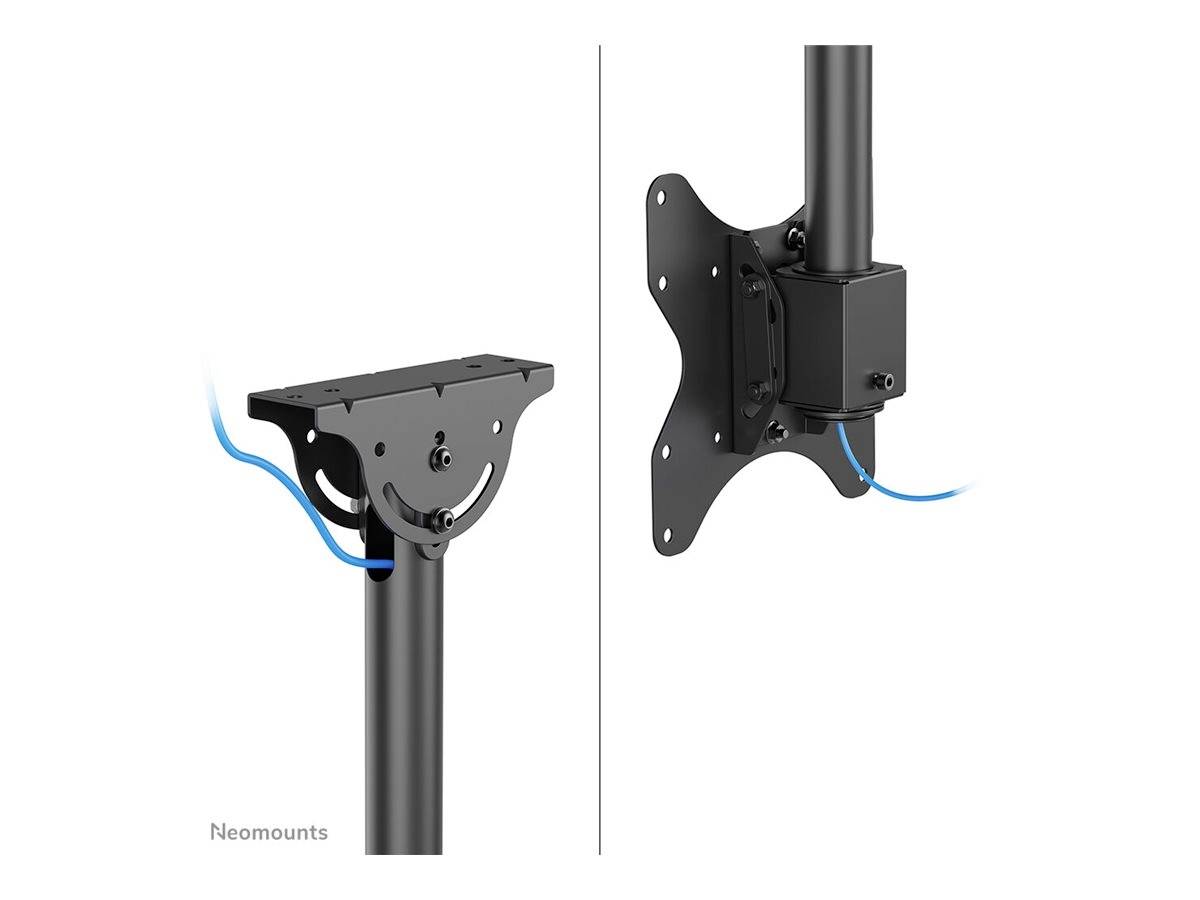 Zwei Halterungen für Monitore oder Displays, links mit einer Basisplatte und rechts mit einer VESA-Befestigung, jeweils mit Kabelkanal.