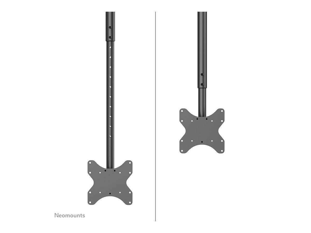 Deckenhalterung mit verstellbarer Höhe und VESA-Befestigung, geeignet für Monitore oder Bildschirme, Vorder- und Seitenansicht.