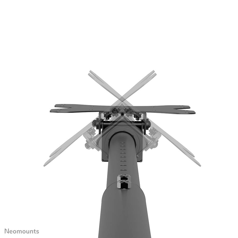 Zentraler Stützarm mit vier rotierenden Armen, montiert an einer Stange, zur Befestigung von Monitoren oder Bildschirmen, zeigt Beweglichkeit.