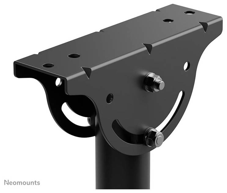 Halterung aus schwarzem Metall mit Schrauben, geeignet zur Befestigung von Monitoren oder Bildschirmen.