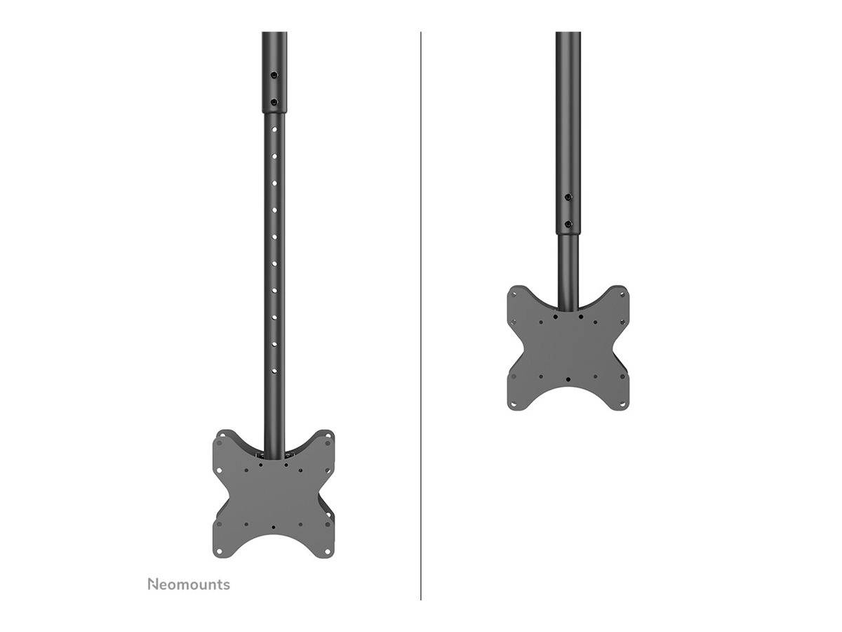 'Monitorhalterung' mit verstellbarem Arm in der Höhe, links vollständige Ansicht, rechts Nahaufnahme des Befestigungsanschlusses.