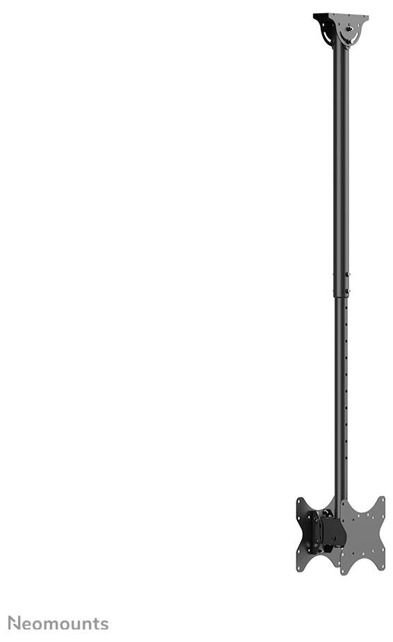Verstellbare schwarze Deckenhalterung für Bildschirme, mit langem, schlankem Stab und VESA-Platte, geeignet für verschiedene Monitore.