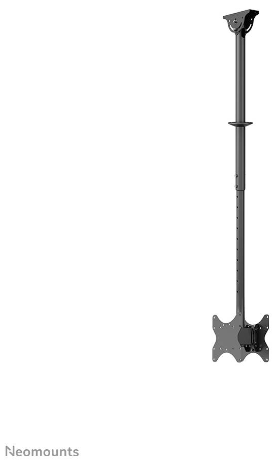 Ein schwarzer Monitorhalter zur Deckenbefestigung von Neomounts, vertikal ausgerichtet, geeignet zur flexiblen Einstellung der Bildschirmhöhe.