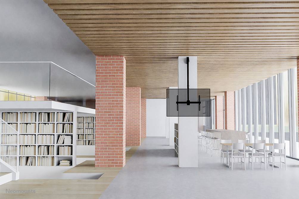 Moderne Bibliothek mit großen Fenstern, Holzakzenten und roten Backsteinwänden. Bücherregale und Sitzecken bieten Lesebereiche.