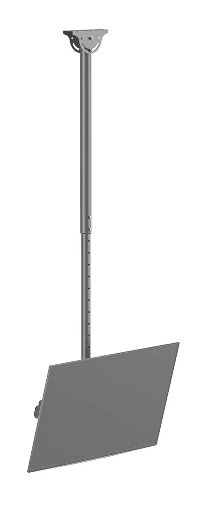 Eine Deckenhalterung mit einem verstellbaren Arm hält einen Bildschirm. Ideal zur Montage von Bildschirmen an der Decke.