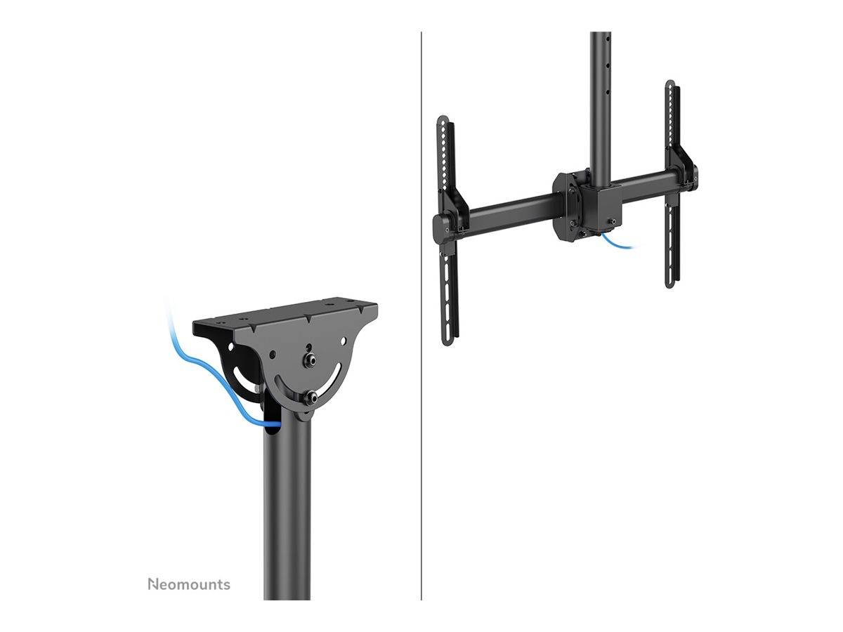 'Neomounts' Monitorhalterung für zwei Bildschirme, mit Kabelmanagementsystem, zur Wandmontage oder Tischbefestigung geeignet.