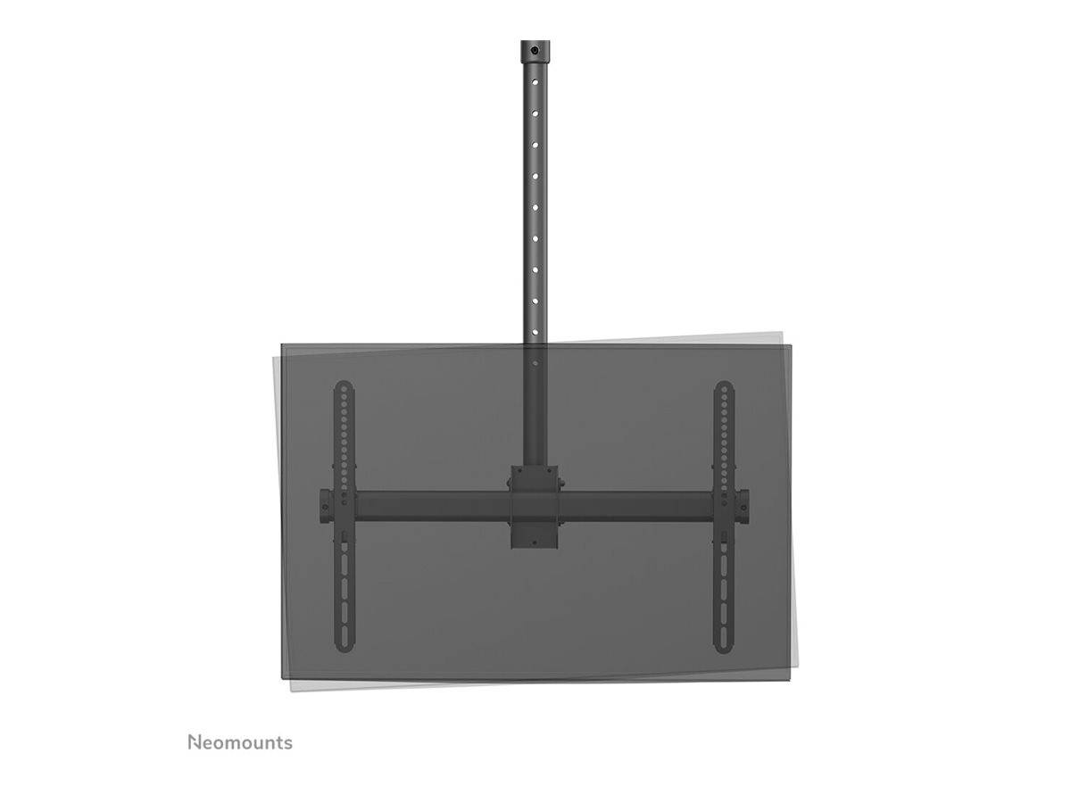 Eine TV-Deckenhalterung zeigt einen Bildschirm, der von einer verstellbaren schwarzen Halterung getragen wird, angebracht an einer Stange.