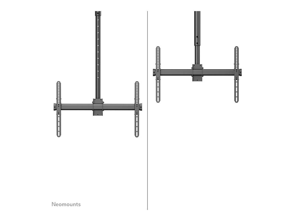 Deckenhalterung für TV-Bildschirme, zwei Ansichten: Vorderansicht links, Seitenansicht rechts. Marke: Neomounts.