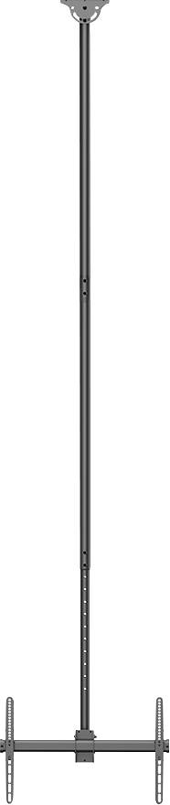 Deckenhalterung für Displays, verstellbar in Höhe, geeignet für unterschiedliche Bildschirmgrößen, mit Montageplatte und Halterungsschienen.